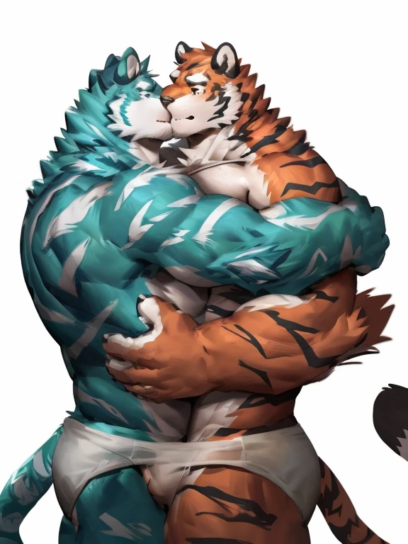 two muscular tiger , furry chest, muscular green tiger hug muscular tiger back, muscular green tiger stand behind, hug from behind, white background, perfect hand, thick furry neck and chest fluff, hand behind head, kiss, hand into panties, side view, jock, having sex, by lindong, by nullghost
