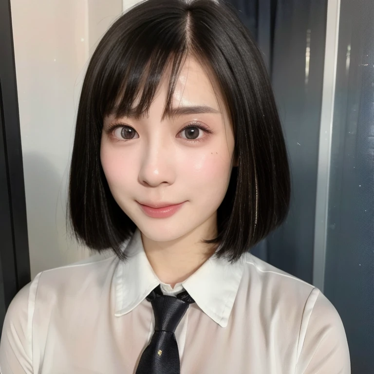 (kawaii 24 year-old Japanese girl, Nogizaka idol, Korean idol), (glossy black hair, medium bob cut:1.3), (rounded face, single eyelid, no makeup, soft smiling:1.2), forehead, (wearing longsleeved collared shirt, thick cotton shirt, necktie:1.3), (well shaped extra small breasts), (looking at viewer:1.2), BREAK, (office background, standing by the window:1.3), (dynamic angle, face focus:1.3), BREAK, (masterpiece, best quality, photo realistic, official art:1.4), (UHD, 8K quality wallpaper, high resolution, raw photo, film grain:1.2), (shiny skin), professional lighting, physically based rendering, award winning, (perfect anatomy, highly detailed skin textures, extremely detailed face and eyes, well drawn glittering pupils), Carl Zeiss 85 mm F/1.4, depth of field, 1girl, solo,