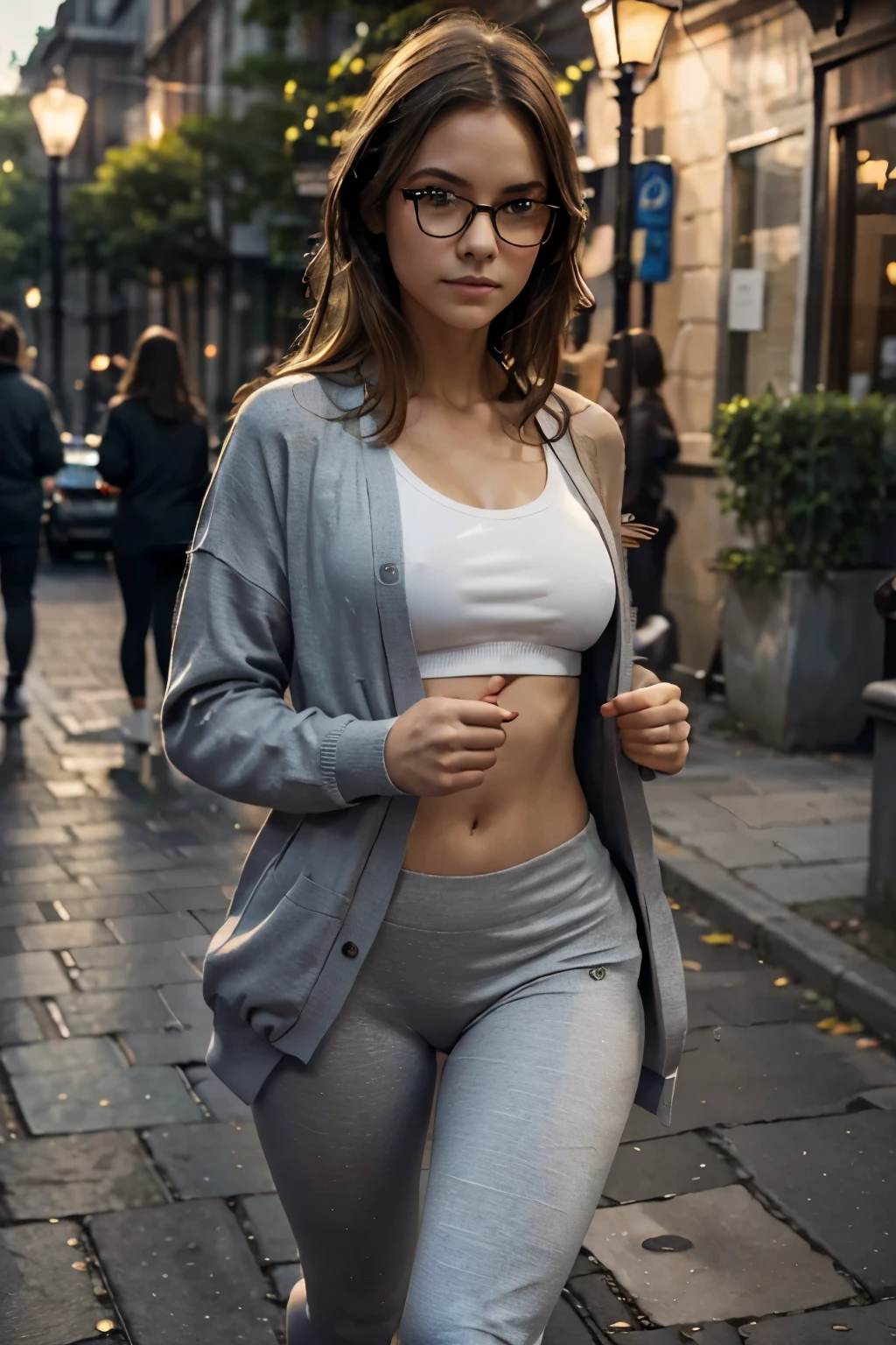 best quality, masterpiece, cinematic lighting, intricate, cinematic detailed realistic background, detailed face, full body, small breasts, realistic, ligne claire, , , 1girl jogging, cityscape, night, tied shirt, looking at viewer, tattoo, model pose, open cardigan, ringed yellow eyes, streetlight, lamppost, yoga pants, split-color hair, glasses,, ,