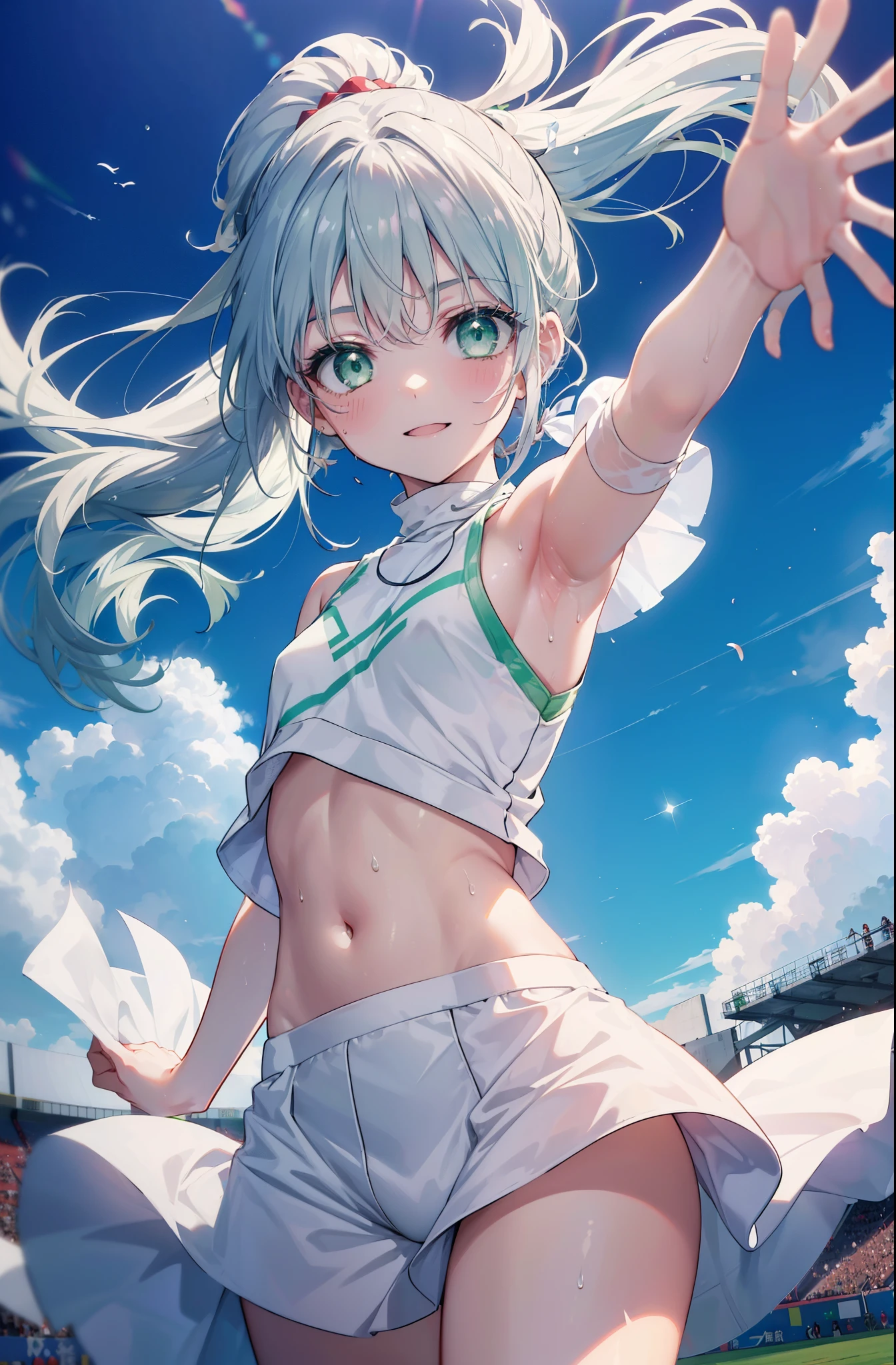 index, index, (green eyes:1.5), silver hair, long hair, (flat chest:1.2),ponytail,(cheer leading), (whole body), lower, (sweaty), sweaty Wet Clothes, (white clothes), , Navel support, playground, (jump), (jump), 足を曲げてjumpする, air, blue sky, Grass原, smile,Cheerleader, pom pom \(cheer leading\), Grass, smile, 
break looking at viewer, Upper body, whole body,
break indoors, stadium,
break (masterpiece:1.2), highest quality, High resolution, unity 8k wallpaper, (figure:0.8), (detailed and beautiful eyes:1.6), highly detailed face, perfect lighting, Very detailed CG, (perfect hands, perfect anatomy),