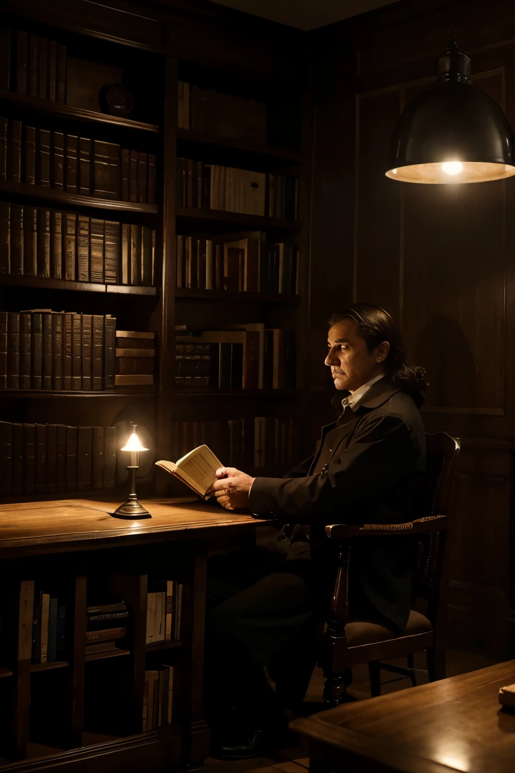 Large bookcase with marked lights and shadows, al fondo la imagen de un anciano leyendo, en primer plano una par de novelas famosas como Los miserables y crimen y castigo