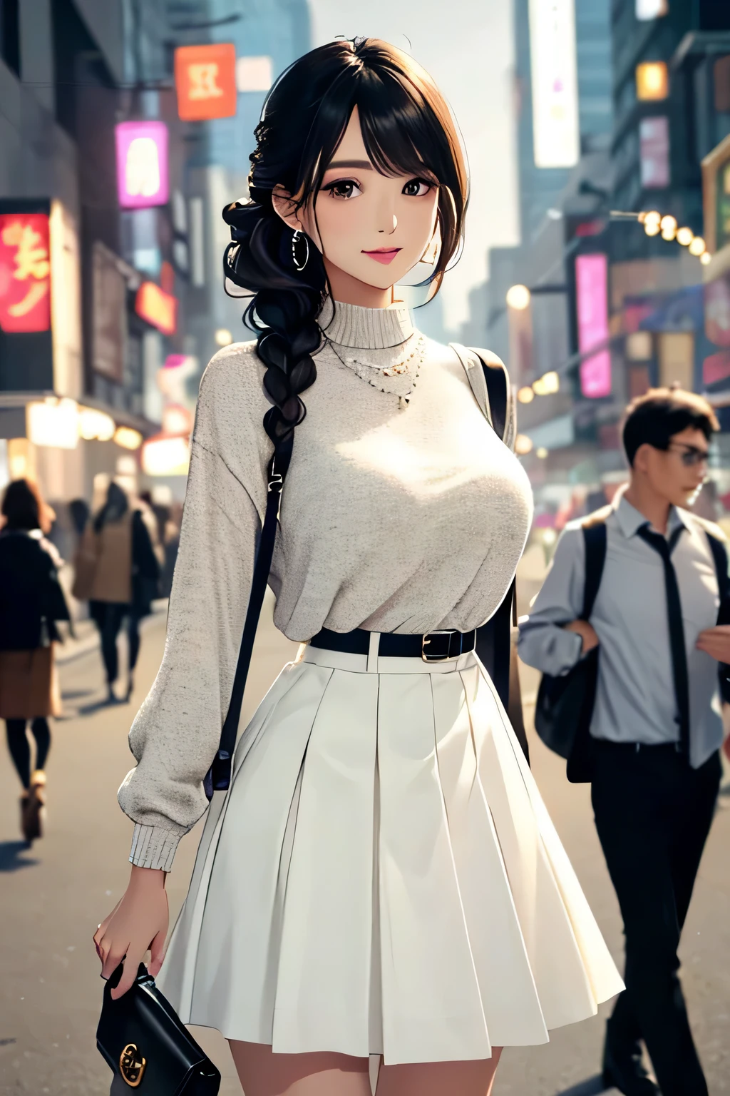 (highest quality:1.4)、High resolution、detailed background)、(detailed beautiful face:1.4)、detailed facial expressions、anatomically correct、beautiful and smooth skin、skin texture、professional lighting、Beautiful girl in her 20s、(huge breasts:1.3)、cute hair color、braided bob、realistic、perfect body line、attractive ass、cute gesture、cute、Emphasize feminine silhouetteake your body line look beautiful、cowboy shot、
(Date in the city at night:1.5)、With a happy expression、Calm atmosphere、I trust、cute、

Choose elegant, feminine tops such as silk or satin blouses and camisoles.、Ornate designs and details such as embroidery make it feel even more special.、
A slim-fitting skirt is recommended.、The silhouette looks beautiful and gives a mature look.、
Add a jacket or cardigan for a more sophisticated look.、
The simple design and tailored silhouette are stylish.、
Wear heeled shoes to accentuate your feet、It is also important to choose a comfortable heel height and design.、
Add some simple yet elegant accessories to complete the look.、
We recommend classic designs such as pearl necklaces and earrings.、
A compact clutch bag or mini bag will go well with this item.、
Choose a simple and elegant design to complement your outfit.、
Natural makeup is recommended、Add accents to your eyes and lips to make your base makeup look beautiful.、For hairstyles, it would be good to go for an updo or soft waves that will bring out a feminine look.、
A good balance between adult-like and cute