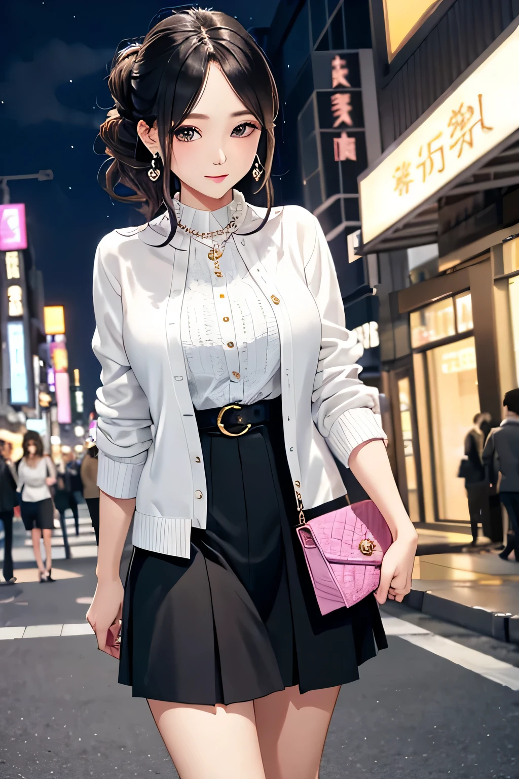 (highest quality:1.4)、High resolution、detailed background)、(detailed beautiful face:1.4)、detailed facial expressions、anatomically correct、beautiful and smooth skin、skin texture、professional lighting、Beautiful girl in her 20s、(huge breasts:1.3)、cute hair color、braided bob、realistic、perfect body line、attractive ass、cute gesture、cute、Emphasize feminine silhouetteake your body line look beautiful、
(Date in the city at night:1.5)、With a happy expression、Calm atmosphere、I trust、cute、
Choose elegant, feminine tops such as silk or satin blouses and camisoles.、Ornate designs and details such as embroidery make it feel even more special.、
A slim-fitting skirt is recommended.、The silhouette looks beautiful and gives a mature look.、
Add a jacket or cardigan for a more sophisticated look.、
The simple design and tailored silhouette are stylish.、
Wear heeled shoes to accentuate your feet、It is also important to choose a comfortable heel height and design.、
Add some simple yet elegant accessories to complete the look.、
We recommend classic designs such as pearl necklaces and earrings.、
A compact clutch bag or mini bag will go well with this item.、
Choose a simple and elegant design to complement your outfit.、
Natural makeup is recommended、Add accents to your eyes and lips to make your base makeup look beautiful.、For hairstyles, it would be good to go for an updo or soft waves that will bring out a feminine look.、
A good balance between adult-like and cute