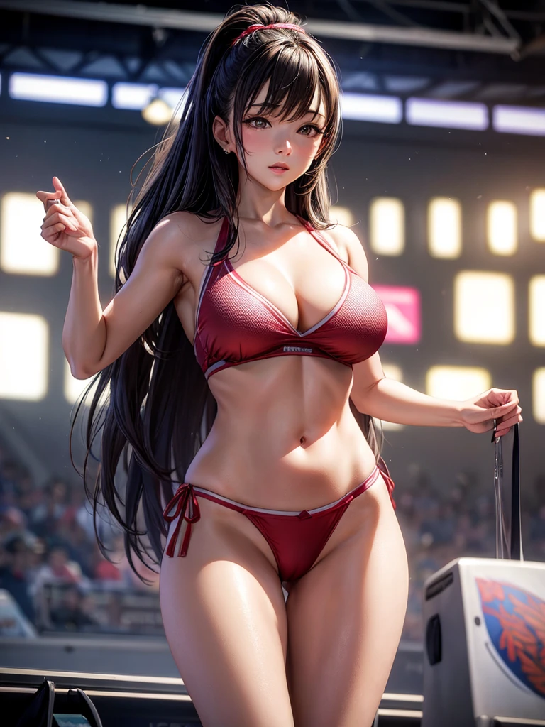 (realistic image), (professional photography), (ultra-detailed), beautiful Japanese girl, 19 years old, perfect body, large breasts, big butt, wearing a sexy cheerleader outfit, inside a stage.