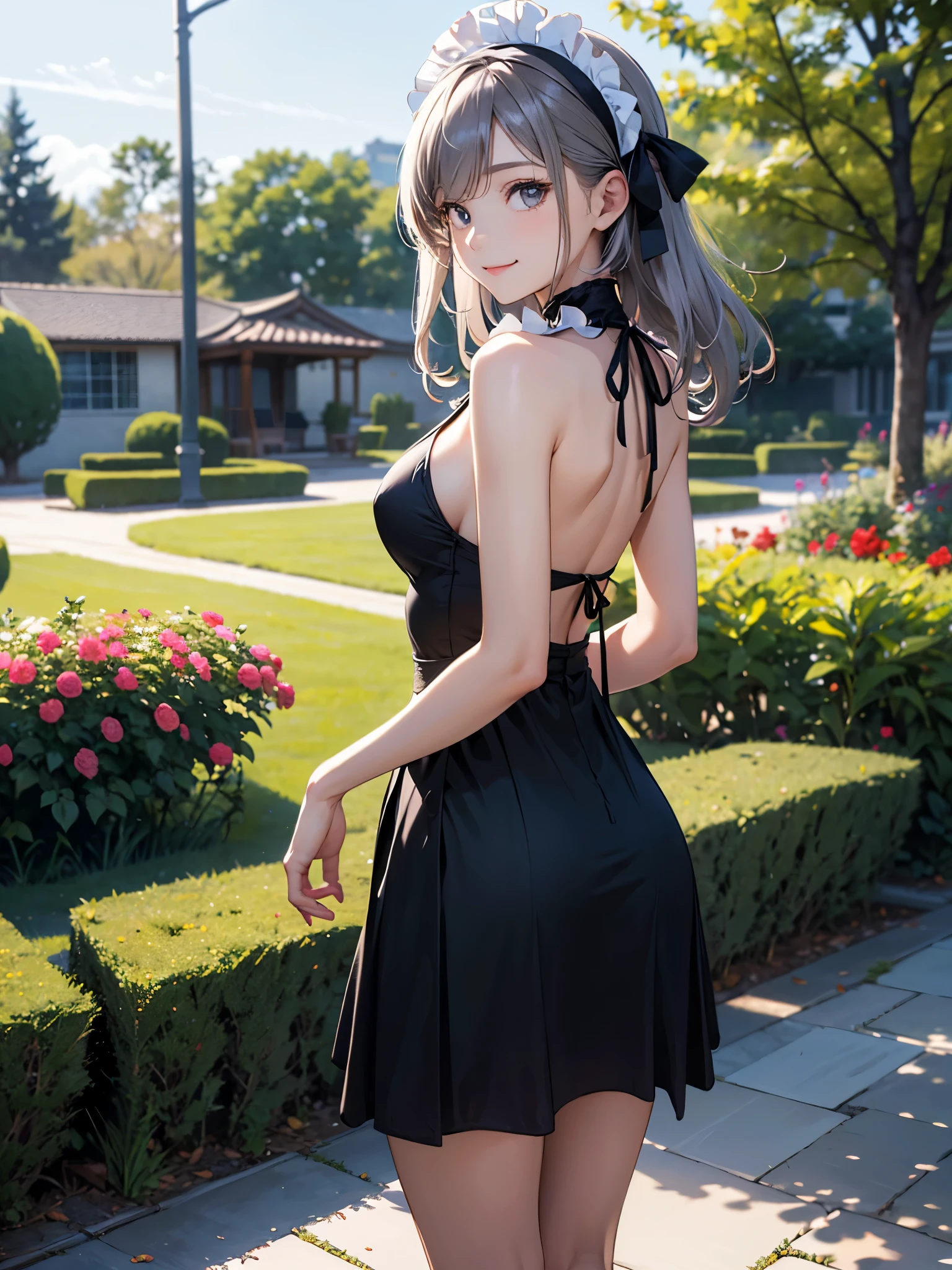 ((masterpiece、highest quality、High resolution、8K))、silver hair、shortcut、smile、black eyes、detailed eyes、white headband、break、Black backless maid outfit、Head to knee、look back、Not looking at the camera、A gorgeous garden filled with blooming flowers、