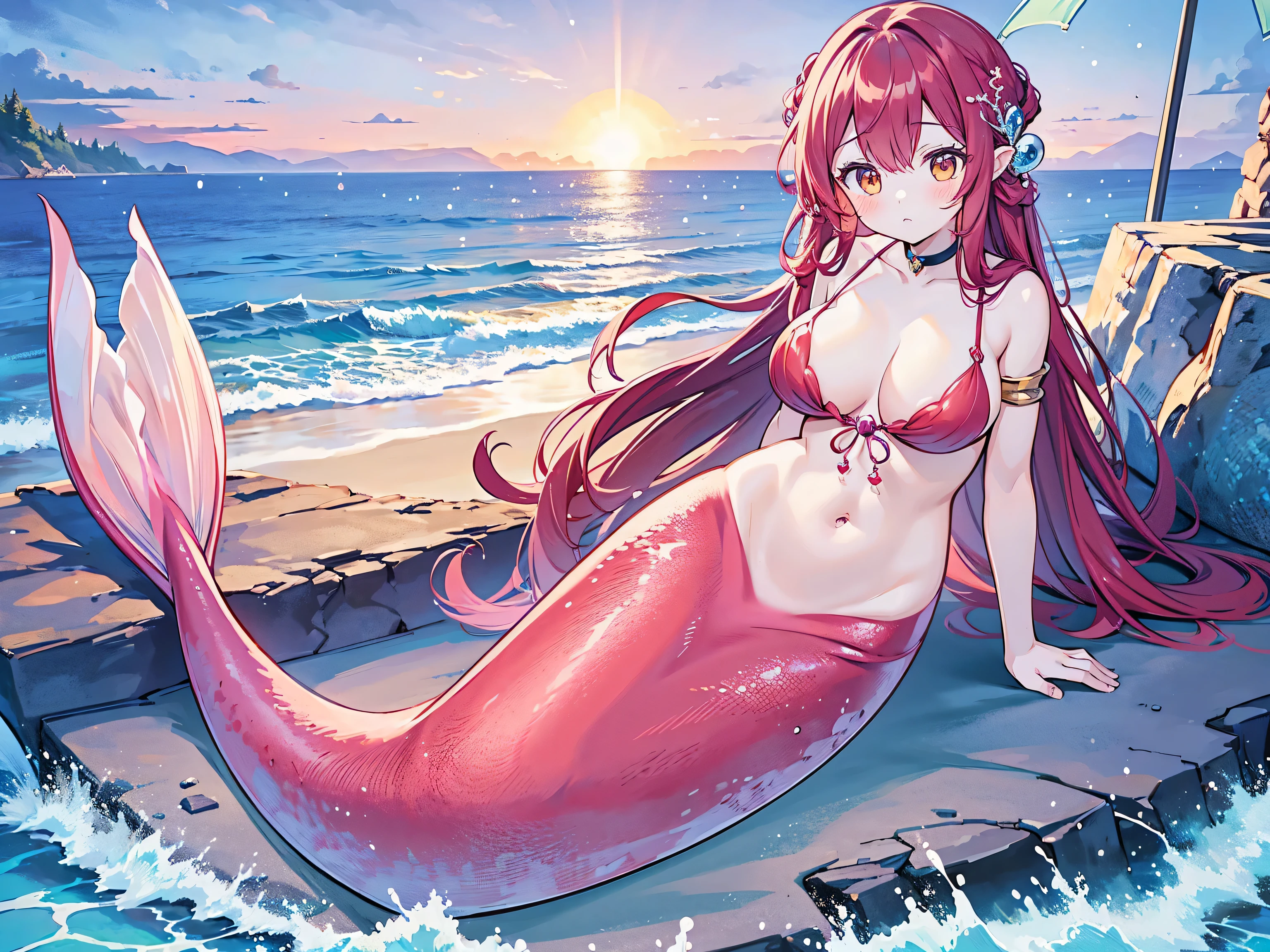 masterpiece, best quality,a girl,big breasts,Mermaid,red mermaid tail,full-body shot,beach,sea view,charming face(kawaii, charming,soft)