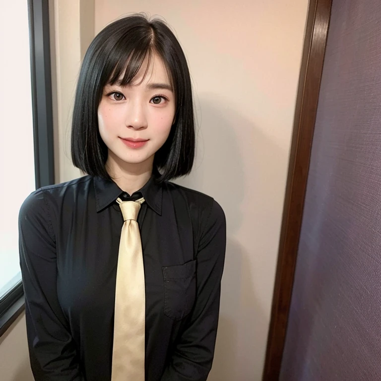(kawaii 24 year-old Japanese girl, Nogizaka idol, Korean idol), (glossy black hair, medium bob cut:1.3), (rounded face, single eyelid, no makeup, soft smiling:1.2), forehead, (wearing longsleeved collared shirt, thick cotton shirt, necktie:1.3), (well shaped extra small breasts), (looking at viewer:1.2), BREAK, (office background, standing by the window:1.3), (dynamic angle, face focus:1.3), BREAK, (masterpiece, best quality, photo realistic, official art:1.4), (UHD, 8K quality wallpaper, high resolution, raw photo, film grain:1.2), (shiny skin), professional lighting, physically based rendering, award winning, (perfect anatomy, highly detailed skin textures, extremely detailed face and eyes, well drawn glittering pupils), Carl Zeiss 85 mm F/1.4, depth of field, 1girl, solo,