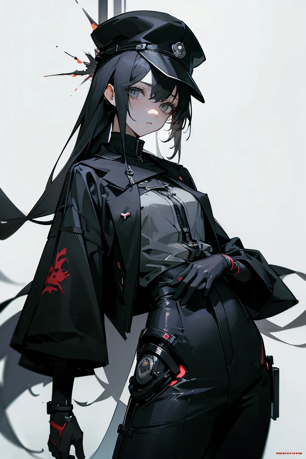 Masterpiece, (hopeless biopunk horror), dark anime girl, gray eyes, strict long closed clothes, glossy black cap, black long pants, a lot of ash,, highly detailed art