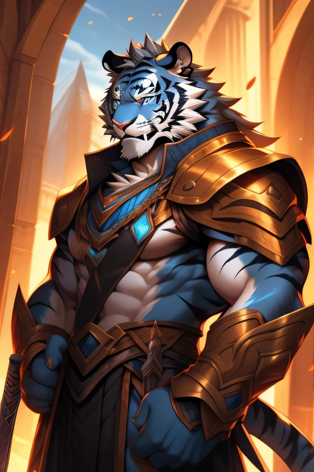 Two-dimensional tiger orcs,Adult tigers,The standard body of a tiger,The highest appearance,Highest image quality,blue color eyes,Look to the right,Tiger Tooth,best qualtiy,tmasterpiece,Textured skin,romanticism lain,Cinematic lighting effects,Ray traching,beautiful pupil,Diamond-shaped pupils,Eyes resolute,Gray hair,one sword, Silas, Extremely detailed Artgerm, caleb from critical role, commission for high resolution, warwick saint, Artgerm on ArtStation Pixiv, nasus, casimir art, trends in art station, raziel irl, djinn human hybrid,Wear knightly armor,
