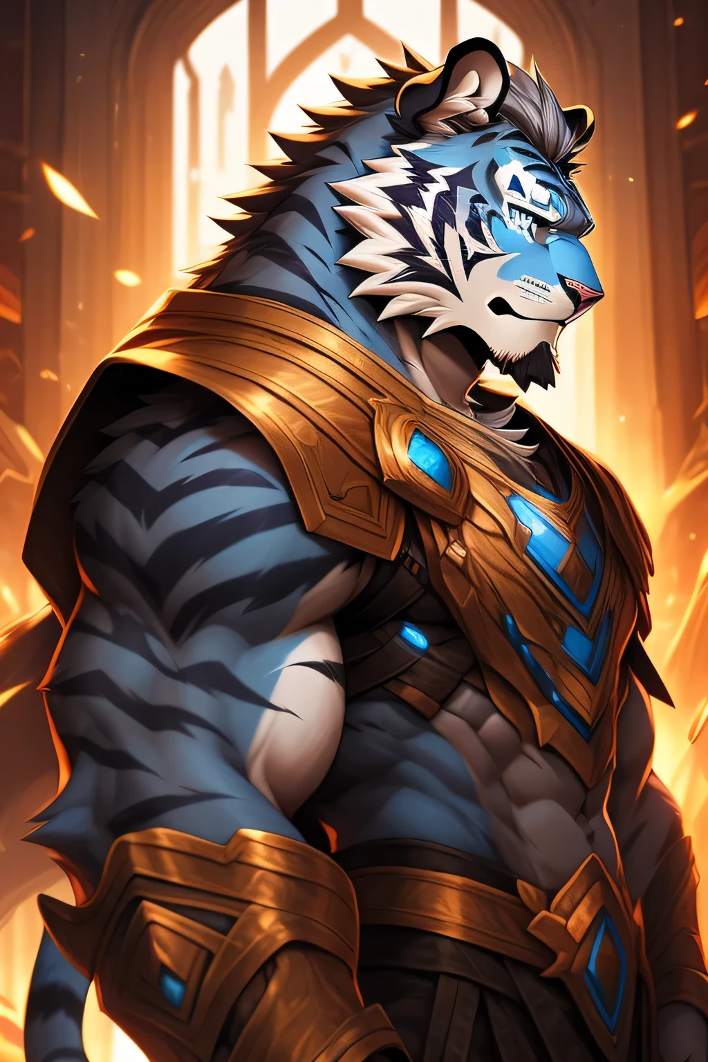 Two-dimensional tiger orcs,Adult tigers,The standard body of a tiger,The highest appearance,Highest image quality,blue color eyes,Look to the right,Tiger Tooth,best qualtiy,tmasterpiece,Textured skin,romanticism lain,Cinematic lighting effects,Ray traching,beautiful pupil,Diamond-shaped pupils,Eyes resolute,Gray hair,one sword, Silas, Extremely detailed Artgerm, caleb from critical role, commission for high resolution, warwick saint, Artgerm on ArtStation Pixiv, nasus, casimir art, trends in art station, raziel irl, djinn human hybrid,Wear knightly armor,