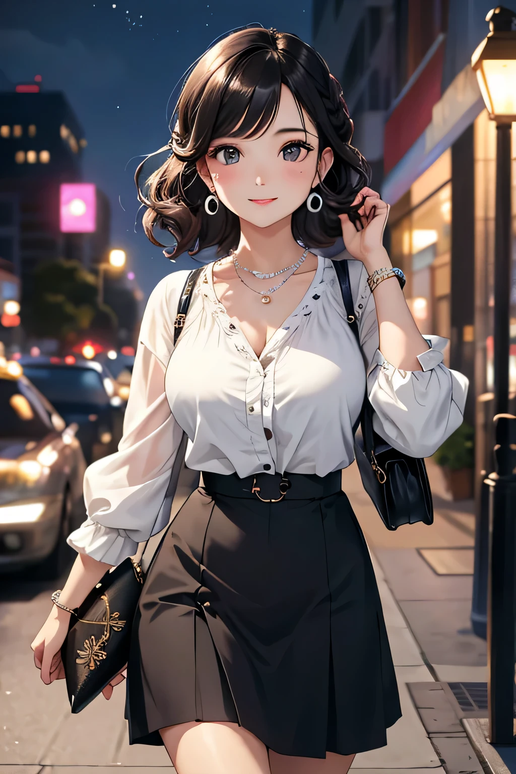 (highest quality:1.4)、High resolution、detailed background)、(detailed beautiful face:1.4)、detailed facial expressions、anatomically correct、beautiful and smooth skin、skin texture、professional lighting、Beautiful girl in her 20s、(huge breasts:1.3)、cute hair color、braided bob、realistic、perfect body line、attractive ass、cute gesture、cute、Emphasize feminine silhouetteake your body line look beautiful、cowboy shot、
(Date in the city at night:1.5)、With a happy expression、Calm atmosphere、I trust、cute、
Choose elegant, feminine tops such as silk or satin blouses and camisoles.、Ornate designs and details such as embroidery make it feel even more special.、
A slim-fitting skirt is recommended.、The silhouette looks beautiful and gives a mature look.、
Add a jacket or cardigan for a more sophisticated look.、
The simple design and tailored silhouette are stylish.、
Wear heeled shoes to accentuate your feet、It is also important to choose a comfortable heel height and design.、
Add some simple yet elegant accessories to complete the look.、
We recommend classic designs such as pearl necklaces and earrings.、
A compact clutch bag or mini bag will go well with this item.、
Choose a simple and elegant design to complement your outfit.、
Natural makeup is recommended、Add accents to your eyes and lips to make your base makeup look beautiful.、For hairstyles, it would be good to go for an updo or soft waves that will bring out a feminine look.、
A good balance between adult-like and cute