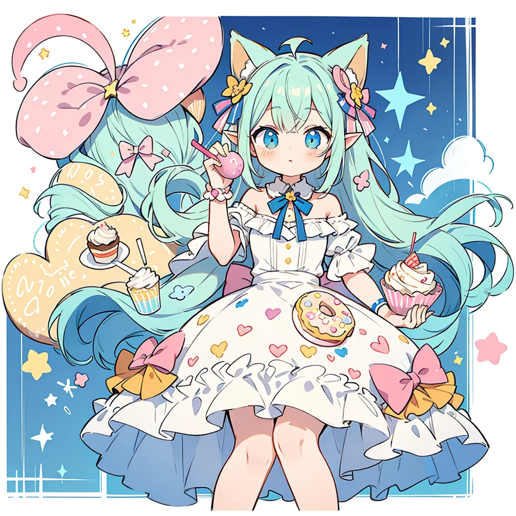 1girl, pastel muted colors, (color palette is yellow:1.2, blue:1.2, pink:1.2), sitted in a throne made out of sweets and pastries, for example donuts, sprinkles, candy, lollipops, candycane, cake, cupcakes, cakepops, frills and lace, polka dot patterns, long bat ears