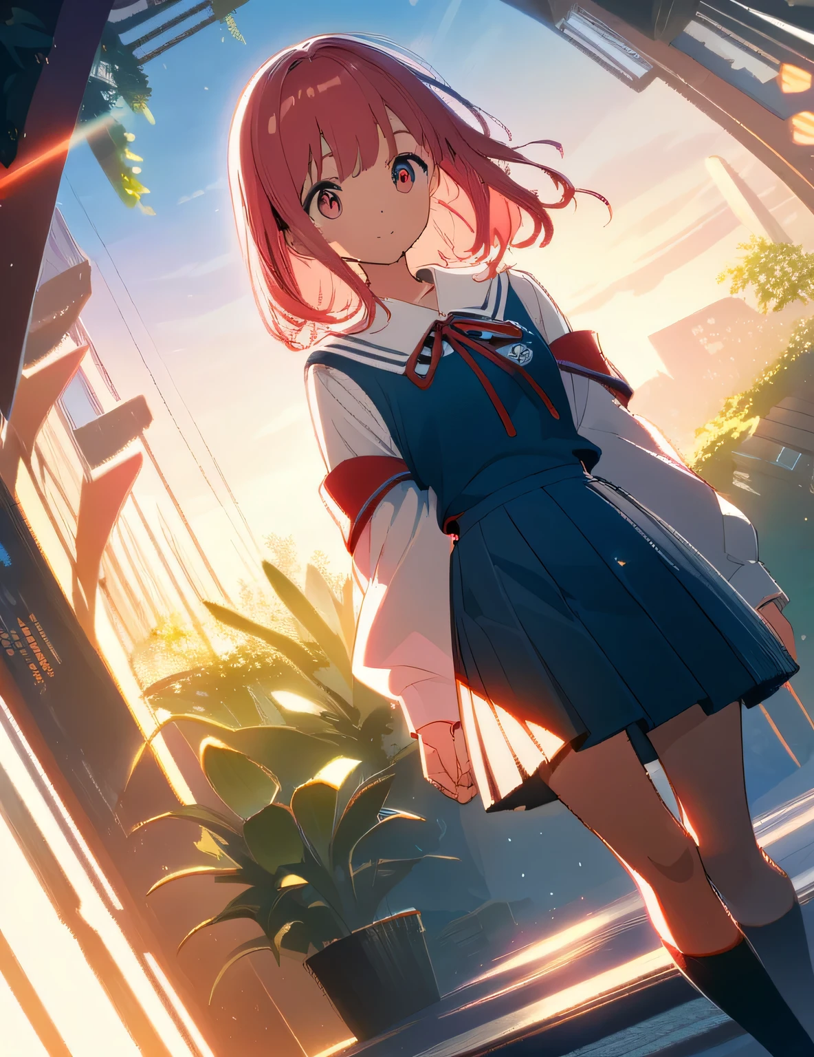Lily comic cover, high school girl, dreamy light red haired girl with beautiful environment, bright colors, youthful emotions, off shoulder clothing design, light red haired girl, Japanese anime style, surrounded by green plants (creating a beautiful atmosphere), soft lighting,dynamic angle,refined rendering,ultra-detailed,full body ,illustration,Japanese high school student uniforms,