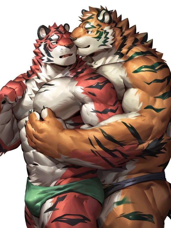 two muscular tiger , furry chest, muscular green tiger hug muscular tiger back, muscular green tiger stand behind, hug from behind, white background, perfect hand, thick furry neck and chest fluff, hand behind head, kiss, hand into panties, side view, jock, having sex, by lindong, by nullghost