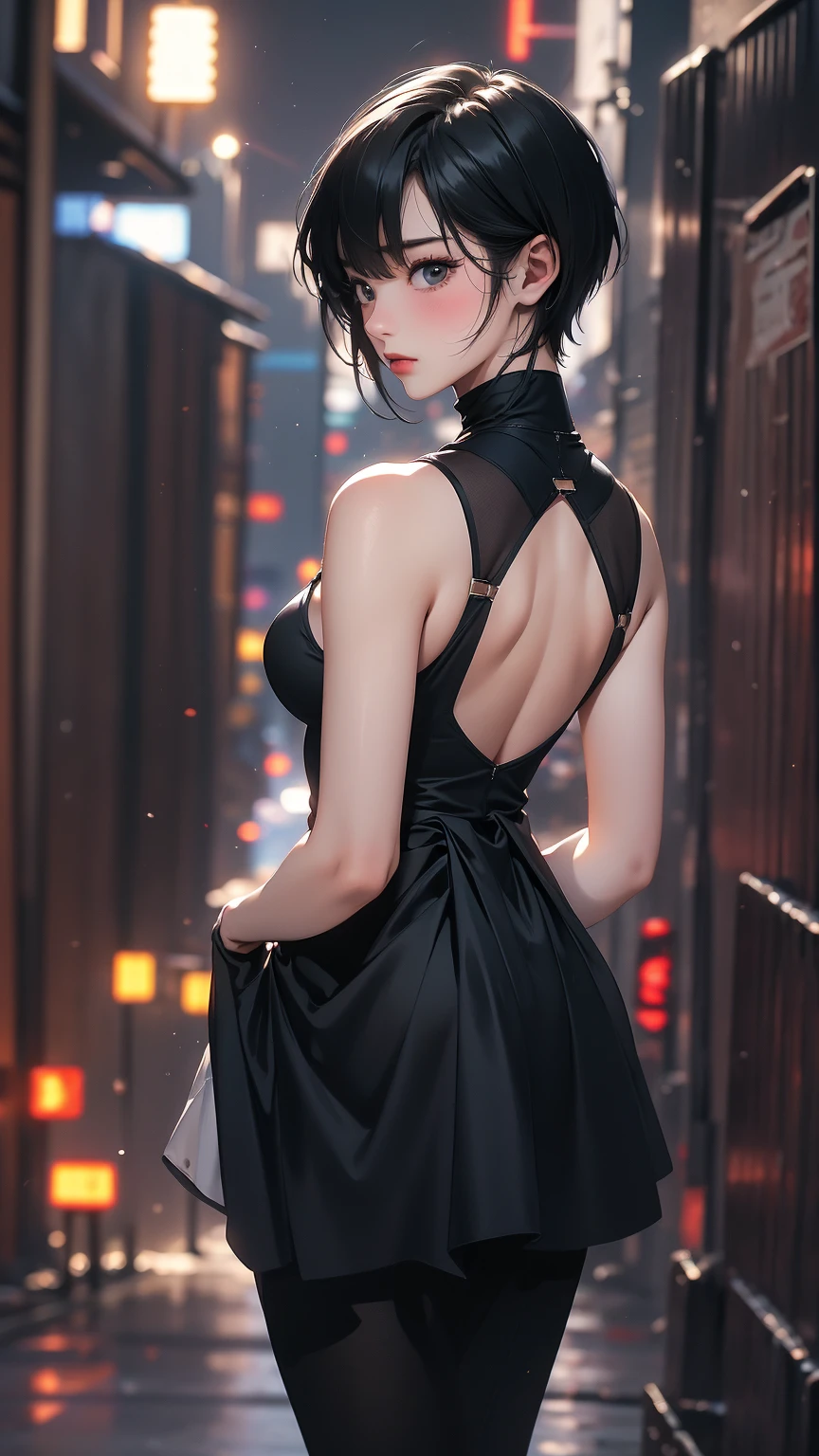 ((Highly detailed CG unit 8k wallpaper, masterpiece, High resolution, highest quality, highest qualityのリアルテクスチャスキン)), (Focus from head to knees:1.5, Hands in pockets pose:1.5, fashion pose:1.2, Nostalgic and inorganic fashion, detailed costume:1.4, Turtleneck tank slim top and contrast mesh skirt:1.3, Asymmetrical short hair, Nana Komatsu), (blurred background, An empty back alley in New York), hyper realistic, digital painting, concept art,