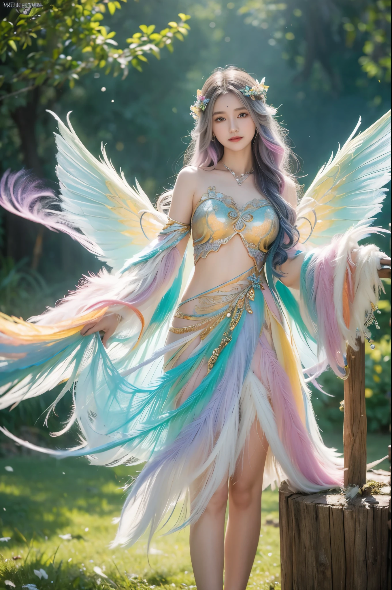 1girl, 23 years old, standing regal with open hands, symmetrical and fractal, multi-color pastel long hair, colorful (1.2), lies in a bird's nest and hatches (1.2), perfect face, sexy linagerie, oil smooth skin,  kinky and sexy smile, looking at the viewer, fairy wings, Big fairy wings, multi color pastel feather wings, fairy vibe , background of mystic realm and magic, the particles of magic light with multi color , wind forming particles in seamless fractal pattern, warm light, epic scene , HDR+, extreme detailed ,Nikon D850, masterpiece, devianart, photo-real painting