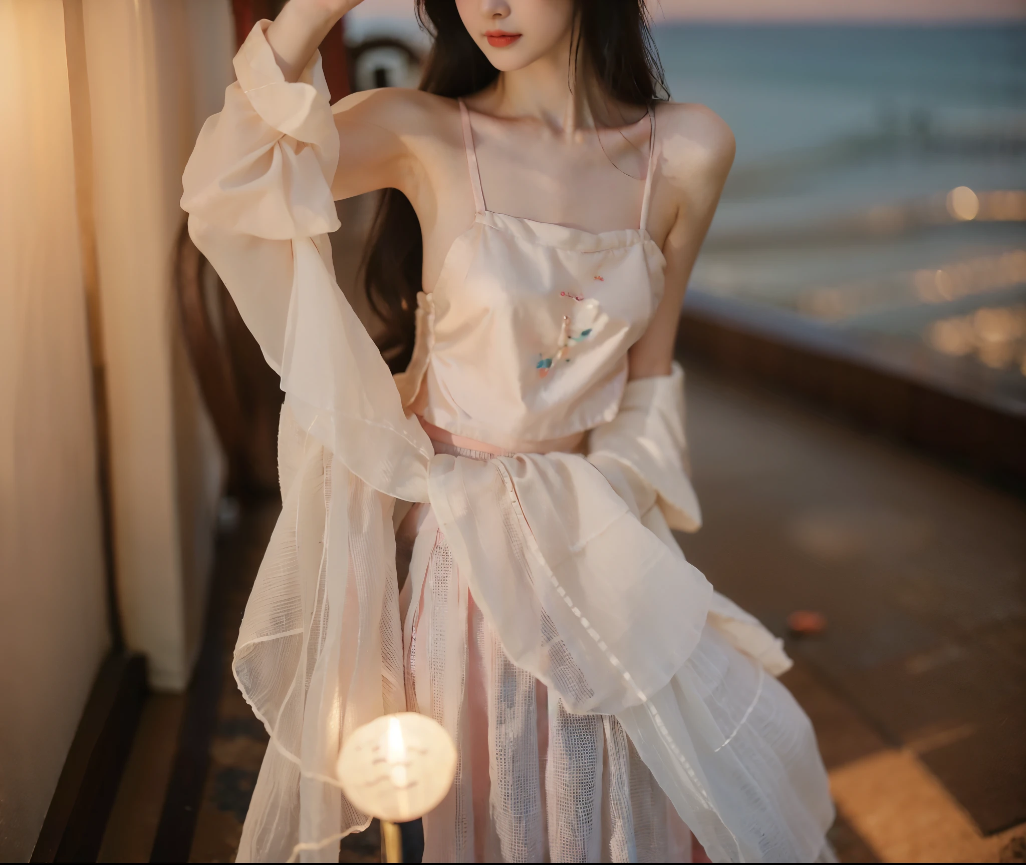 1 girl，(best quality, masterpiece:1.2), Super detailed，Solo selfie，off shoulder dress,chinese princess, (Pink belly pocket） ( Hanfu：1.3, )，Vision，background bokeh