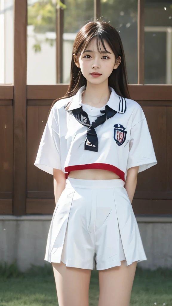 a girl，asian face，small ，Fifteen，Wearing school uniform sportswear and sports shorts，Lift the top，Leaking out the entire abdomen