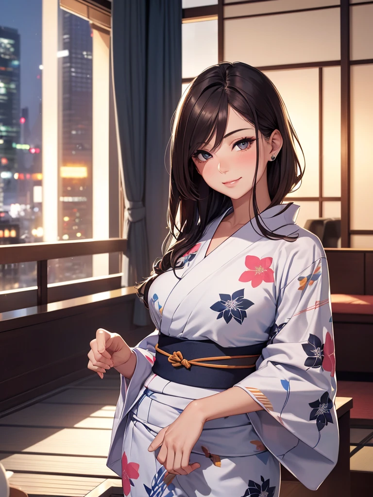 1 beautiful woman, (seems ready to do something), seductive sexy, Alluring plumpness:1.3, Brunette, Straight-haired, pupils sparking, long upper eyelashes, (wearing yukata in hotel:1.5), Japanese-style rooms at the hotel, futon, seductive smile, light blush, ear blush, seductive expression, sexy tease, high quality chothing, beautiful and delicate chothing, super detail face, high detail and delicate eyes, ((accurate limbs)), ((correct finger)), (super textured skin), high quality background, award winning, masterpiece, anatomically correct, retina, highres, UHD, 16k, 8k