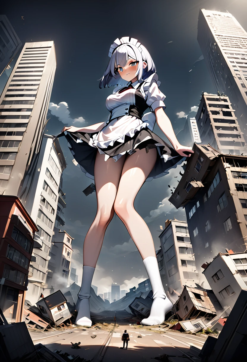 steam, very small metropolis, micro city, Smash the Big City, full body description, ＧＴＳstomping city, collapsing city, small town, micro city, high resolution, best quality, masterpiece, maid,short skirt，女Giant藝術, surreal , 高度細緻的女Giant鏡頭, Giant, short hair, White knee socks