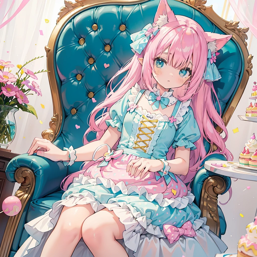 1girl, pastel muted colors, (color palette is yellow:1.2, blue:1.2, pink:1.2), sitted in a throne made out of sweets and pastries, for example donuts, sprinkles, candy, lollipops, candycane, cake, cupcakes, cakepops, frills and lace, polka dot patterns, long bat ears