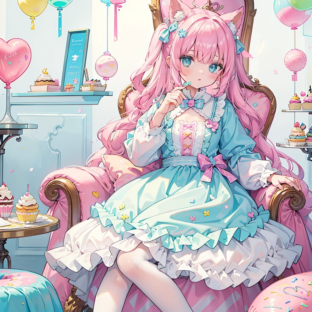 1girl, pastel muted colors, (color palette is yellow:1.2, blue:1.2, pink:1.2), sitted in a throne made out of sweets and pastries, for example donuts, sprinkles, candy, lollipops, candycane, cake, cupcakes, cakepops, frills and lace, polka dot patterns, long bat ears