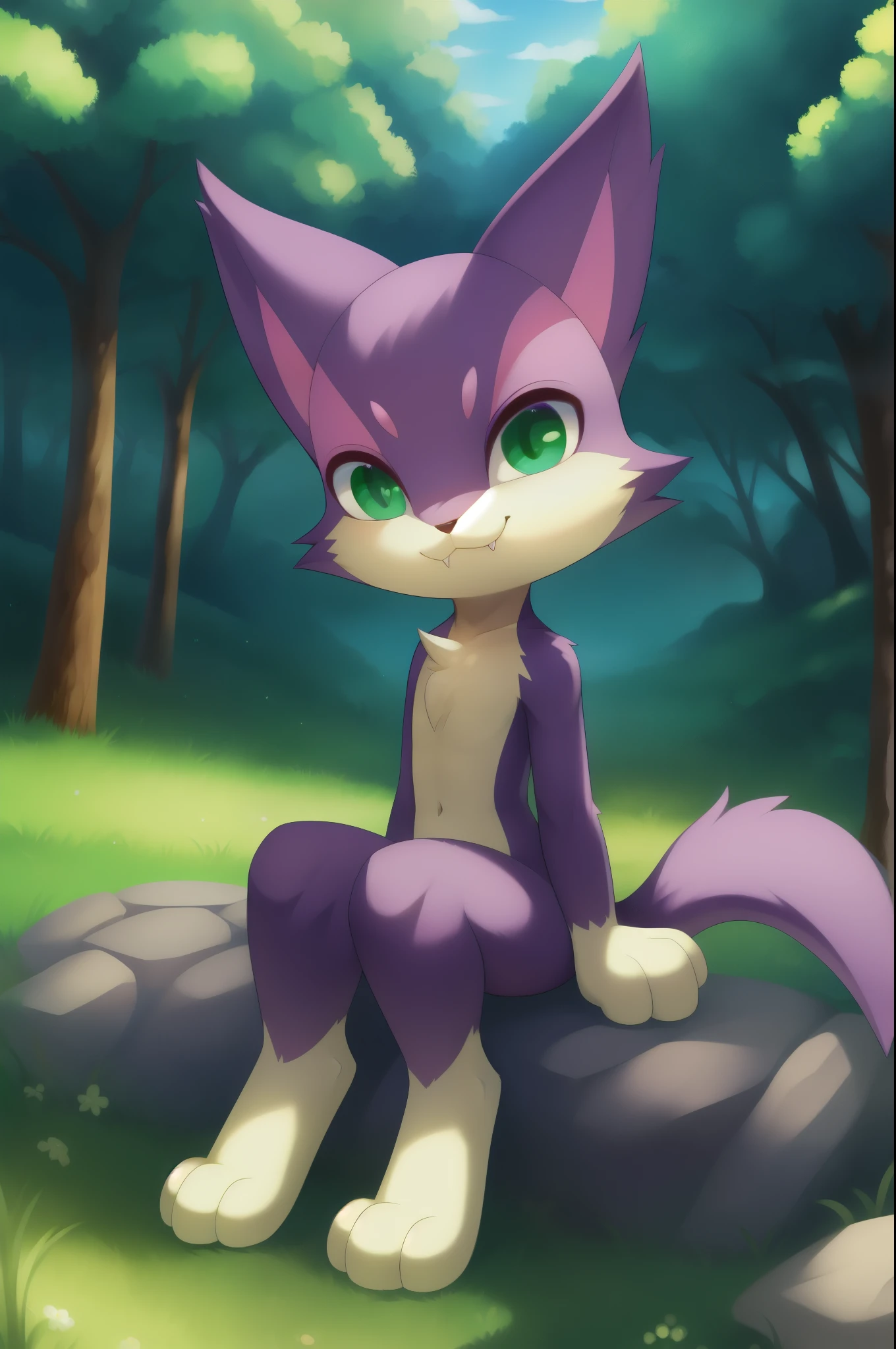 Purrloin, anthro, young, green eyes, detailed body fur, looking at you, purple body fur, detailed face, detailed eyes, detailed body, perfect lighting, perfect shadows, perfect eyes, perfect hair, perfect face, gorgeous body, detailed hands, glistering body, shiny body, skinny, spectacular effect, fangs, :3, solo, forest, field, clear sky, clouds, sitting on rock, feets with three toes, 3 toes, full body, sfw,