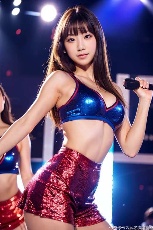 (realistic image), (professional photography), (ultra-detailed), beautiful Japanese girl, 19 years old, perfect body, large breasts, big butt, wearing a sexy cheerleader outfit, inside a stage.