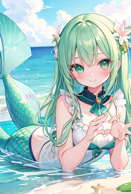 beautiful illustrations, highest quality, pretty girl, seaside、 pastel colour ,green hair, green eyes、between legs、smile、blush、hands behind、mermaid、Fish fin