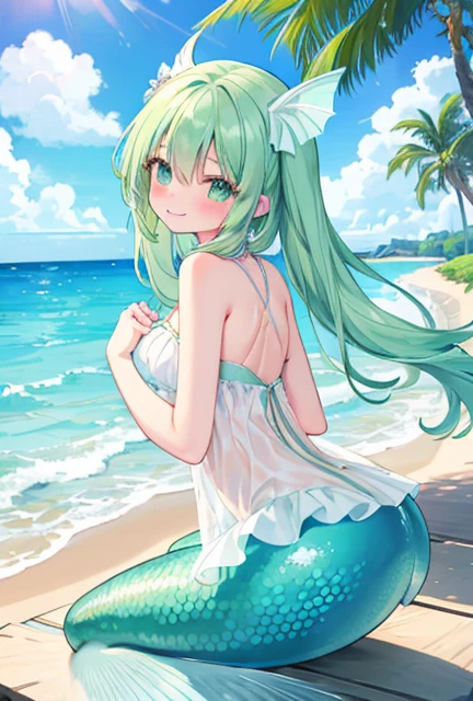 beautiful illustrations, highest quality, pretty girl, seaside、 pastel colour ,green hair, green eyes、between legs、smile、blush、hands behind、mermaid、Fish fin