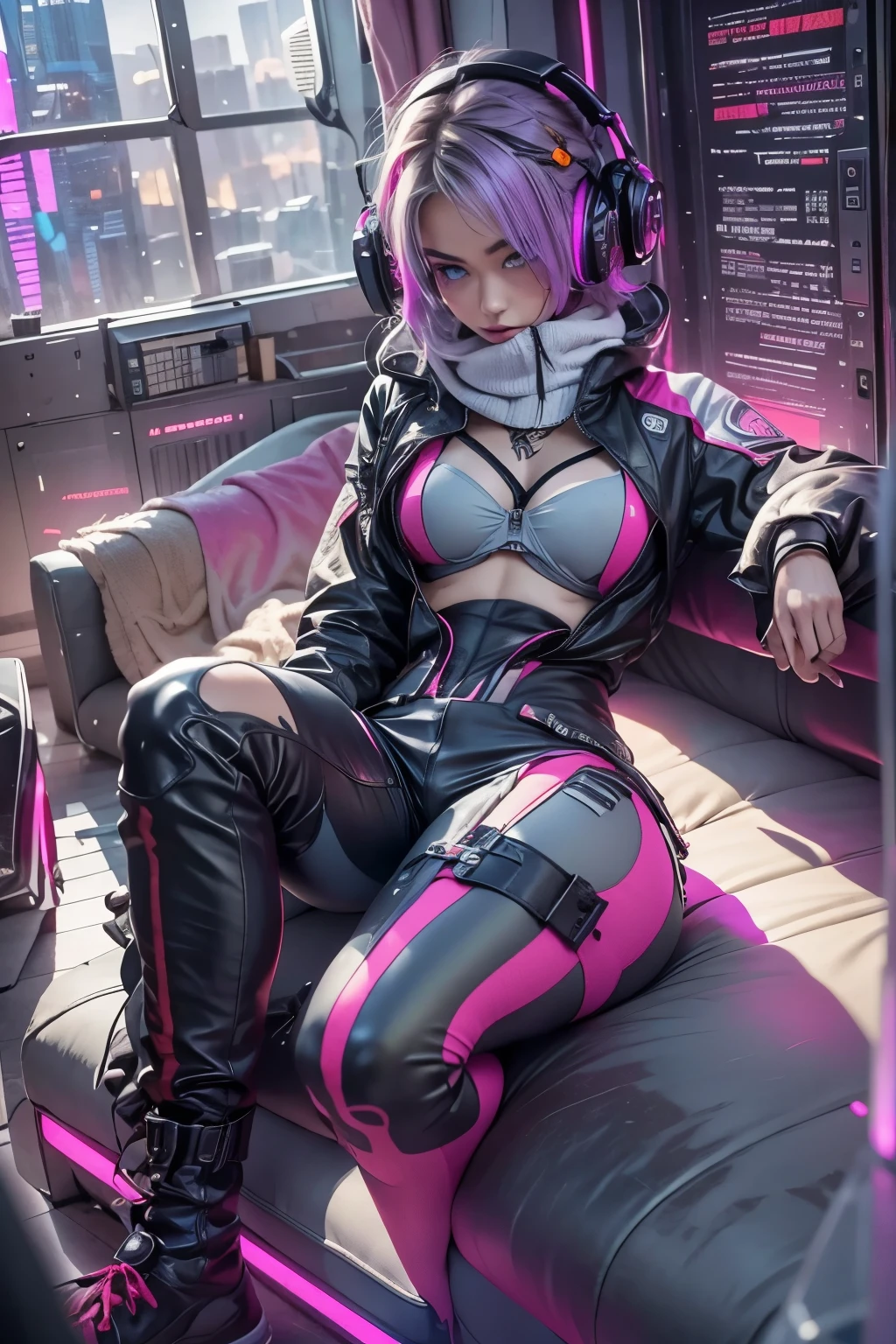 (extremely detailed CG unity 8k wallpaper), (ultra-detailed), masterpiece, best quality, lucy (cyberpunk), bodysuit, solo, breasts, cyberpunk city, multicolored hair, short hair, looking at viewer, medium breasts, black bodysuit, grey eyes, hip vent, clothing cutout, thigh gap, covered navel, white jacket, bare shoulders, short shorts, couch,