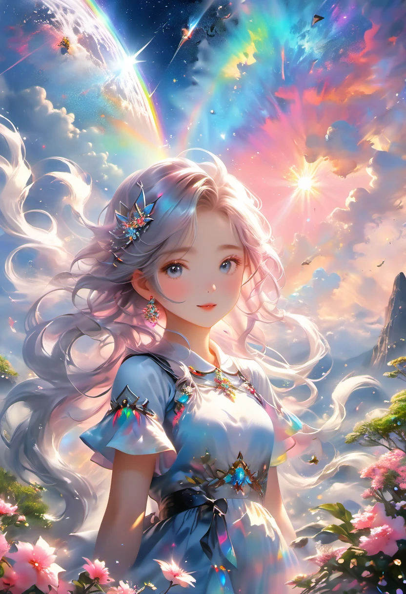 (8K、Raw photo、highest quality、look up:1.2、masterpiece:1.2、genuineistic、ultra high resolution、high contrast、photon mapping、genuine、Super detailed、official art, Raw photo、professional lighting、 light、Vivid atmosphere、twicelight), (1 girl), (full body figure), (Portrait of a Girl), (Young look),（Moist eyes), (beautiful face:1.3), (perfect proportions:1,2), (thin legs), (thin thighs), (long legs:1.2), (delicate), (height: 150cm), (15 years old) , (Fair skin、white skin: 1.5), (lightブラウンのポニーテール), (Pink Hair Fastening), （One white kitten）, and創造の主は、He called out to the docile creatures, the girl and the kitten, "Go outside、With all your might, ring the mighty gong of the world., and、The girl and the kitten follow orders、Escape from your safe hiding place、I headed to my favorite seed feeder.。Sneaking up to the nearest fruit bush、I nibbled on a bunch of seeds.。One of the seeds、With a slight tremor it fell onto small pebbles.、It rang out a roar that seemed like something from another world.。 A landscape painting of a girl and a kitten, Composition seen from a distance, beauty、harmony、Serenity、peace、Space High Fantasy Worldview,　Beautiful depiction of grand composition and proportions, Guardian nebula of rainbow light and silvery vapor, Corrosive Encirclement Ray Family Color, slimy air feeling, The world shines with kindness and joy., A spectacular tale, beauty、harmony、Serenity、peace、Space High Fantasy Worldview,　Beautiful depiction of grand composition and proportions, Guardian nebula of rainbow light and silvery vapor, Corrosive Encirclement Ray Family Color, slimy air feeling, The world shines with kindness and joy., A spectacular tale,