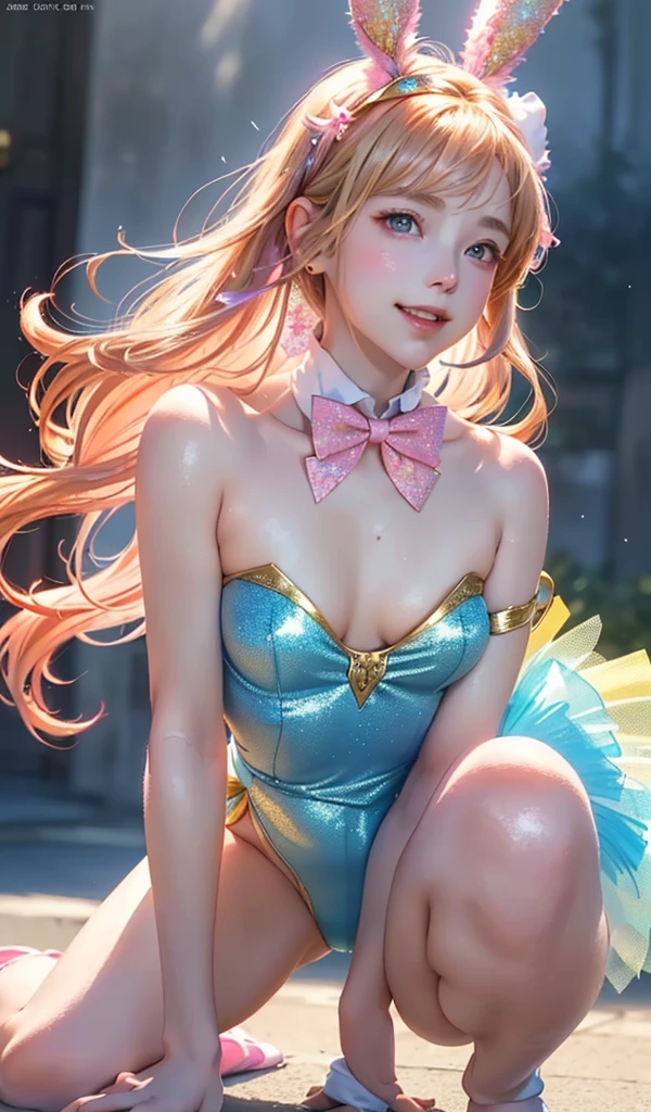 masterpiece, best quality, extremely detailed CG unity 8k wallpaper, (Upper Body head close-up shot of a beautiful little girl), Wendy, Elegant Long straight blonde hair, (Mckenna Grace), ((flat chest,thighs)), ((pink-blue)) golden ((Glittering tutu,long Bunny Ear Headgear, , Bow-tie, )), ((Kneel,Lean forward,from below)), (Blush), oil skin, (seductive smile), (Wonderland), pretty face, key art, award winning, intricate detail realism hdr, by (ruan jia and artgerm and range murata), Photorealism, Hyperrealism, ultra realistic, dramatic light, intense shadows, gorgeous view, depth of field
 
