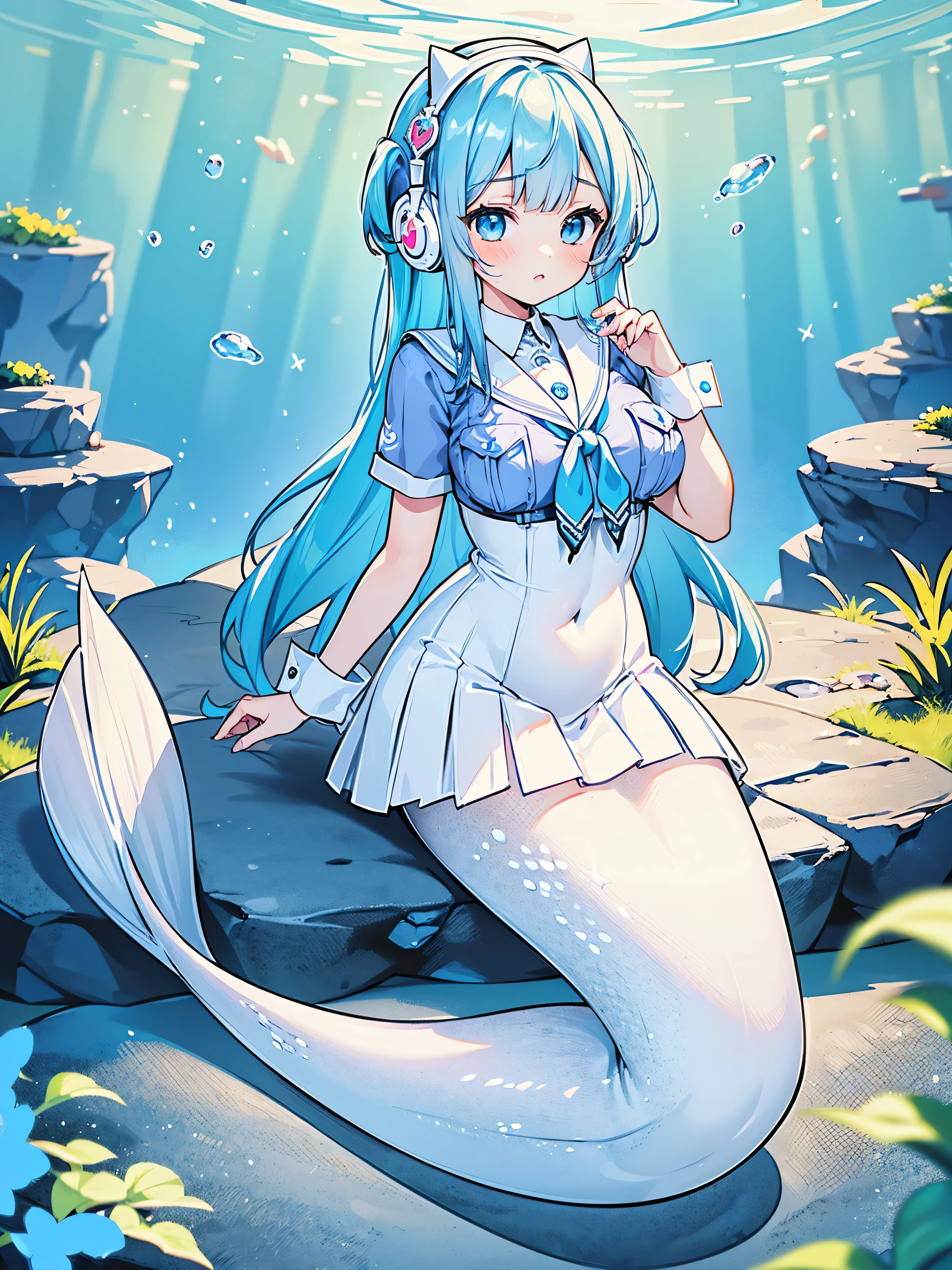 masterpiece, best quality,Water Girl,big breasts,Mermaid,White Mermaid Tail,cat ear 
headphones, blue shirt, sailor collar, white skirt, wrist cuffs,full-body shot,charming face(kawaii, charming,soft),The beauty surfaced, The lower body is underwater,