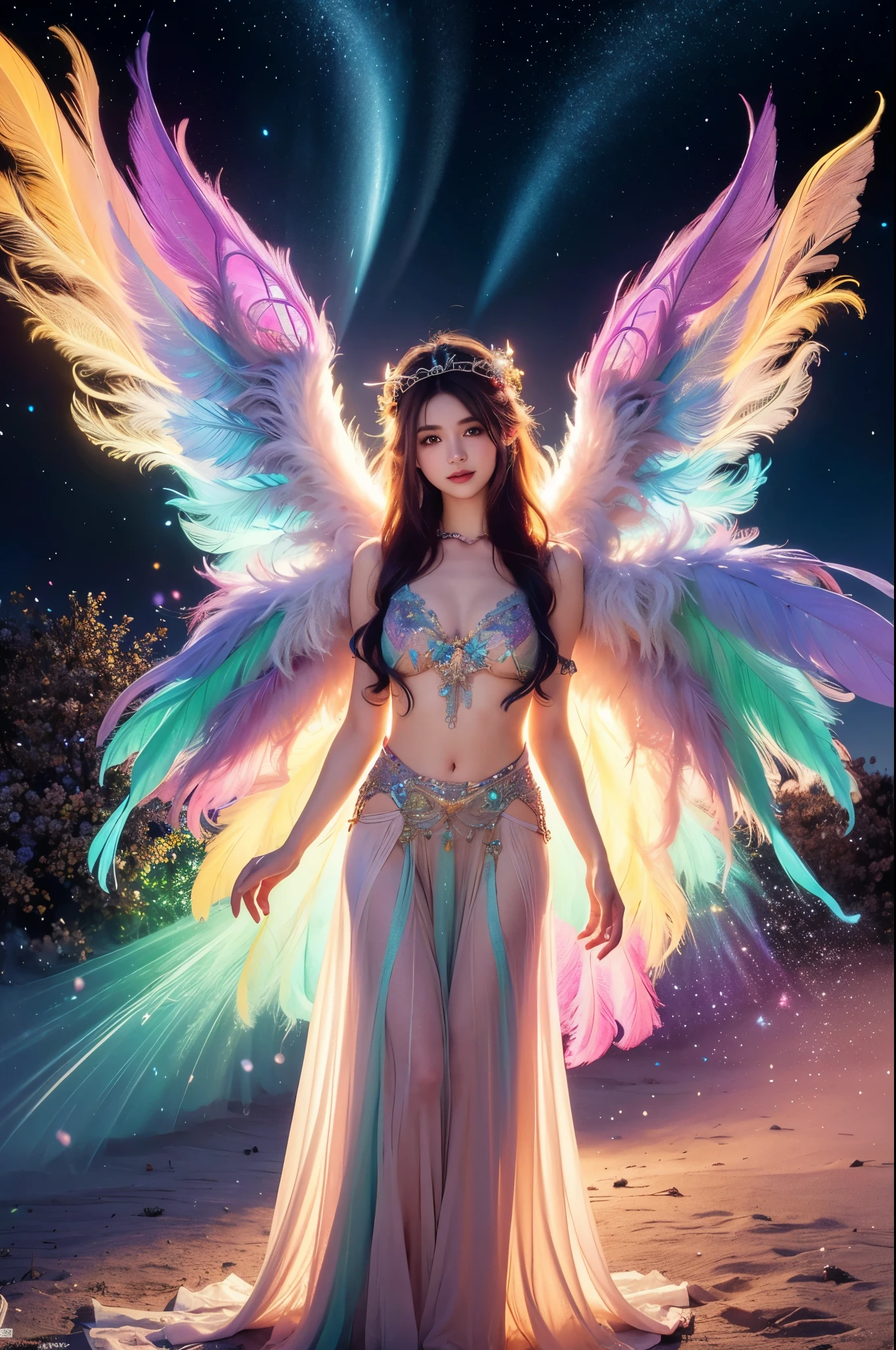 1girl, 23 years old, standing regal with open hands, symmetrical and fractal, multi-color pastel long hair, colorful (1.2), lies in a bird's nest and hatches (1.2), perfect face, sexy linagerie, oil smooth skin,  kinky and sexy smile, looking at the viewer, fairy wings, Big fairy wings, multi color pastel feather wings, fairy vibe , background of mystic realm and magic, the particles of magic light with multi color , wind forming particles in seamless fractal pattern, warm light, epic scene , HDR+, extreme detailed ,Nikon D850, masterpiece, devianart, photo-real painting