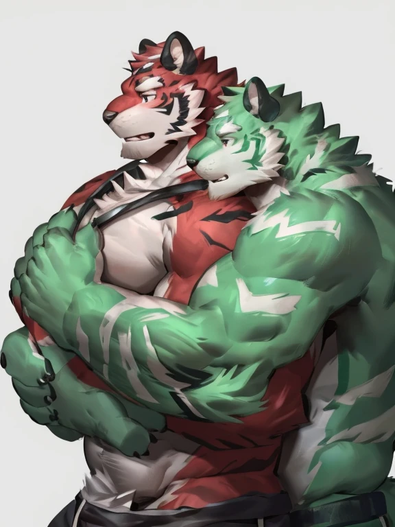 two muscular tiger , furry chest, muscular green tiger hug muscular tiger back, muscular green tiger stand behind, hug from behind, white background, perfect hand, thick furry neck and chest fluff, hand behind head, kiss, hand into jock, side view, jock, having sex, by lindong, by nullghost