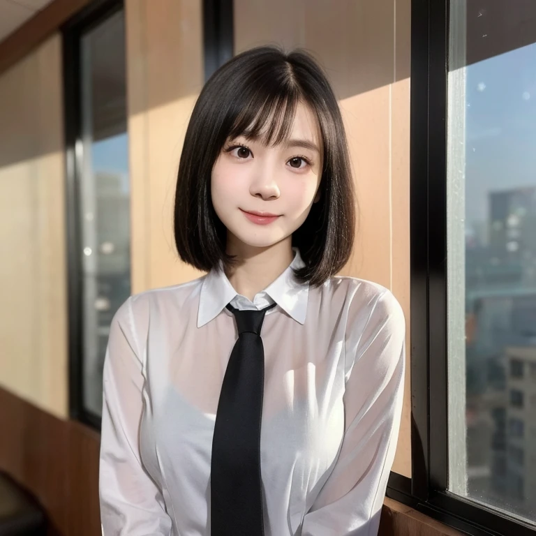(kawaii 24 year-old Japanese girl, Nogizaka idol, Korean idol), (glossy black hair, medium bob cut:1.3), (rounded face, single eyelid, no makeup, soft smiling:1.2), forehead, (wearing longsleeved collared shirt, thick cotton shirt, necktie:1.3), (well shaped extra small breasts), (looking at viewer:1.2), BREAK, (office background, standing by the window:1.3), (dynamic angle, face focus:1.3), BREAK, (masterpiece, best quality, photo realistic, official art:1.4), (UHD, 8K quality wallpaper, high resolution, raw photo, film grain:1.2), (shiny skin), professional lighting, physically based rendering, award winning, (perfect anatomy, highly detailed skin textures, extremely detailed face and eyes, well drawn glittering pupils), Carl Zeiss 85 mm F/1.4, depth of field, 1girl, solo,