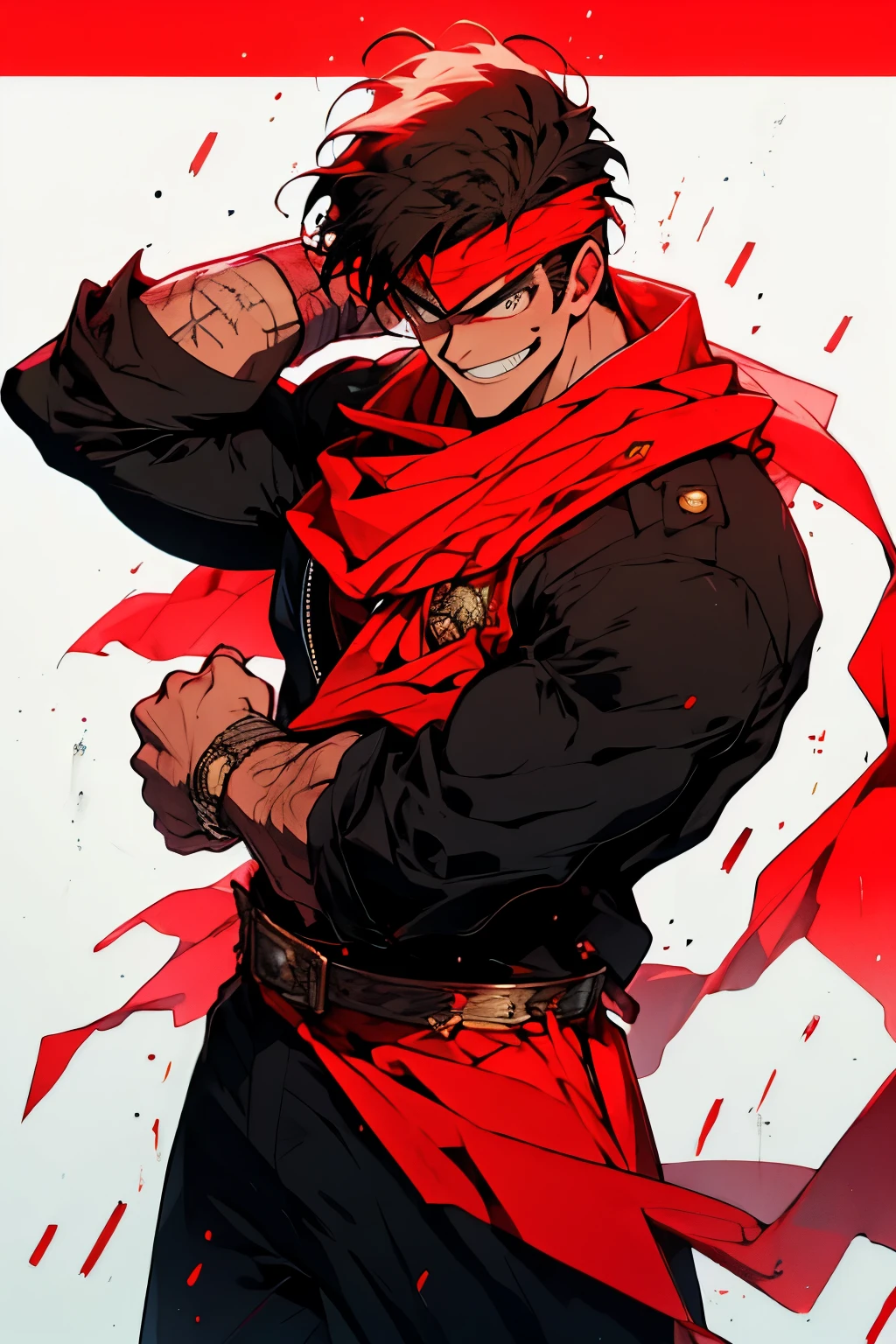 skinny tall man with a red bandana with short buzzcut
hair and Band-Aid on cheek in a red and black jacket smiling while flexing with white background