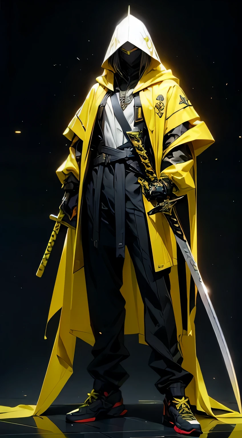 weapon, long_hair, hood, sword, 1boy, hood_up, white_hair, katana, male_focus, sheath, yellow_eyes, multiple_views, futuristic_background, black_pants, pants, very_long_hair, standing, jacket, sheathed, glowing, white_jacket, open_clothes, hair_over_one_eye, full_body, reference_sheet, hooded_jacket
