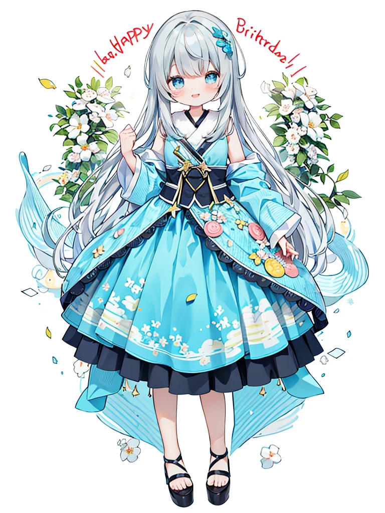 (White background:1.4),(Nature Illustration Summer Festival:1.3,paper art:1.3, Quilted Paper Art:1.2),( Reasonable design, Clear lines, High Sharpness,Best Quality, Very detailed, masutepiece, Movie Light Effects, 4K )(Petals of various colors:1.0)、Lots of celebrations fluttering、the wind、Background with、birthday cake、celebration costume、doress、Light blue dress、Gray hair at the base、Garrant、happy birthday、full body Esbian、A delightful、Happy smile、kirakira、Delicious looking cake