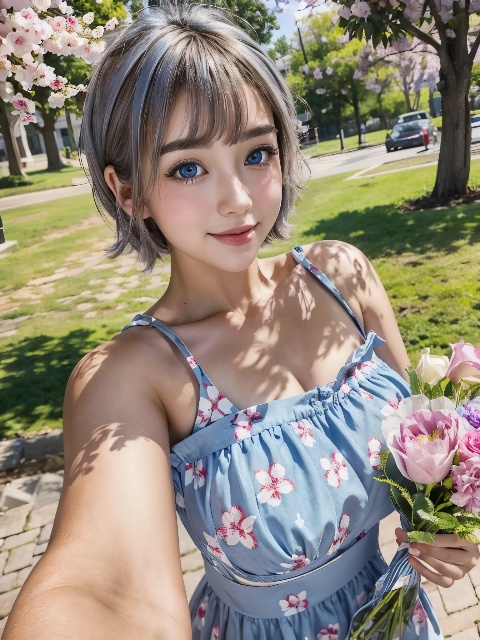 (ultra Realistic), Best Quality, (Selfie photo composition, look at viewer:1.3), On a clear sunny day at 11:00 a.m., a cheerful girl prepares sandwiches for a midday cherry blossom viewing. She wears a flowy dress with a floral pattern, arranging ingredients with care. Her smile radiates excitement for the outing, surrounded by picnic baskets and a bouquet of fresh flowers. /// detailed eyes, The huge and moist blue eyes captivate the viewers, Pixie cut, short hair, watery ash-gray hair styled in a sleek girl, (beautiful huge cute eyes, happy:1.3), well-defined face line and cute, large eyes, accentuating her radiant white skin. disproportionately large breasts and rounded buttocks, exuding a sculptural beauty