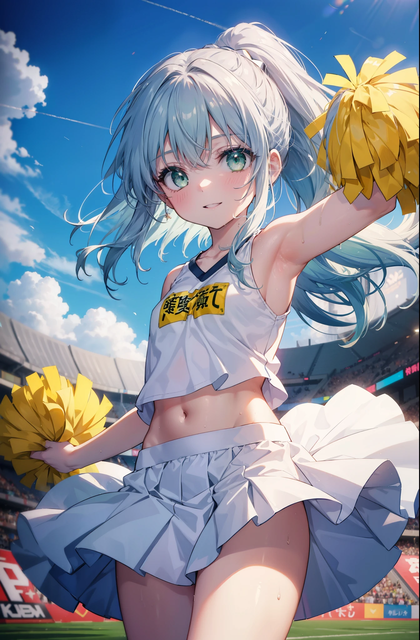 index, index,Silver Hair, (Green Eyes:1.5),Long Hair, (Flat Chest:1.2),Grin,tooth,Daytime,sunny,
,(cheer leading), (whole body), Lower, (Sweaty), Sweaty Wet Clothes, (White clothes),Sleeveless, Pleated skirt,Black socks,sneakers, Belly button support, playground, (Jump), (Jump), 足を曲げてJumpする, air, blue sky, Grass原, smile,Cheerleader, Pom-pom \(cheer leading\)have, Grass, smile, whole bodyがイラストに入るように,
break looking at viewer, whole body,(Cowboy Shot:1. 5) ,
break outdoors, Stadium,crowd, people々々々,A packed audience,
break (masterpiece:1.2), Highest quality, High resolution, unity 8k wallpaper, (shape:0.8), (Beautiful and beautiful eyes:1.6), Highly detailed face, Perfect lighting, Extremely detailed CG, (Perfect hands, Perfect Anatomy),