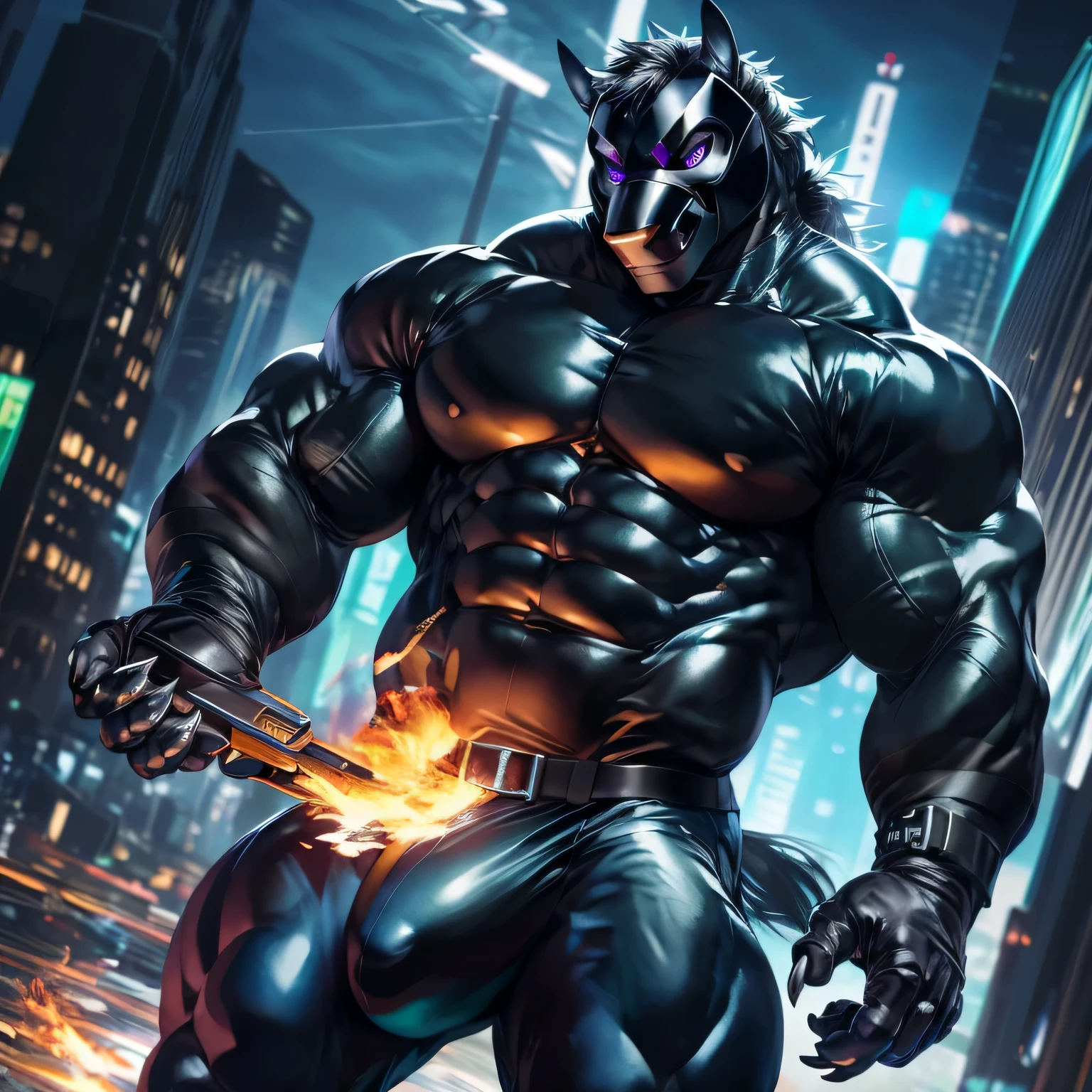 2d, masterpiece, best quality, 4k, 8k, ultra highres, raw photo in hdr, sharp focus, photo realism ,real life like, in a night city, detailed background, solo, (gloves, mask, skin tight), (by null-ghost, by thebigslick, by darkgem, by honovy), black horse anthro, male focus, perfect purple eyes, (luminescent eyes) full body, Whole Body, fullbody suit, covered pectorals, covered abs, (tight clothing), sexy, Full View, Villain, Bad Guy, Evil, All his clothes are black, smirk, crazy, claws, fire, Massive bulge (Touching), bedroom eyes, muscular chest, muscular abs.