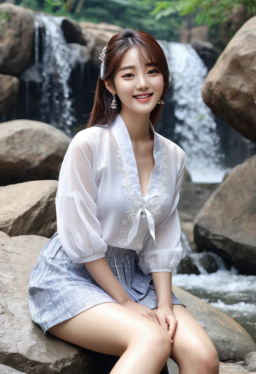 (best quality, very detailed, realistic: 1.37), portrait, beautiful girl, young Korean female model, riverbank and rocks or temple or bridge, sweet girl clothes 4, Libra outfit, accessories ,sitting under the waterfall,sitting position,sitting on a rock,soaked all over,masterpiece,very detailed description,very detailed drawing,detailed face,slim figure,long legs,play water, smile, bright smile Close-up view Open the top to see the chest. Open your legs and spread your crotch.