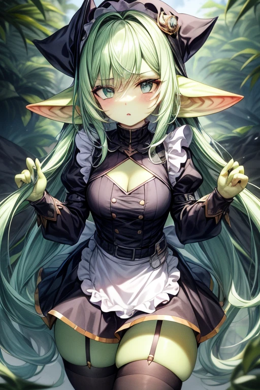 una joven goblin de aspecto encantador pero travieso. Sus ojos amarillos brillan con astucia y curiosidad, siempre explorando su entorno con un brillo travieso. Su piel verde resplandece con un tono vibrante, showing their connection with nature and their home in the forests. Su pelo blanco como la nieve cae en largas coletas, adding a striking contrast to your skin and eyes. Las coletas, aunque recogidas, They give it a playful and carefree air. Siempre parece estar lista para emprender una aventura o una travesura. Viste un vestido de mucama blanco y negro, con la falda que cae por encima de las rodillas, lo que le permite moverse con facilidad mientras realiza sus labores cotidianas. Las medias blancas llegan hasta sus muslos, aportando un toque coqueto y femenino a su atuendo. Although his clothing might suggest submission, Zibra carries with her a spark of rebellion and determination, proving that she is much more than a simple maid.