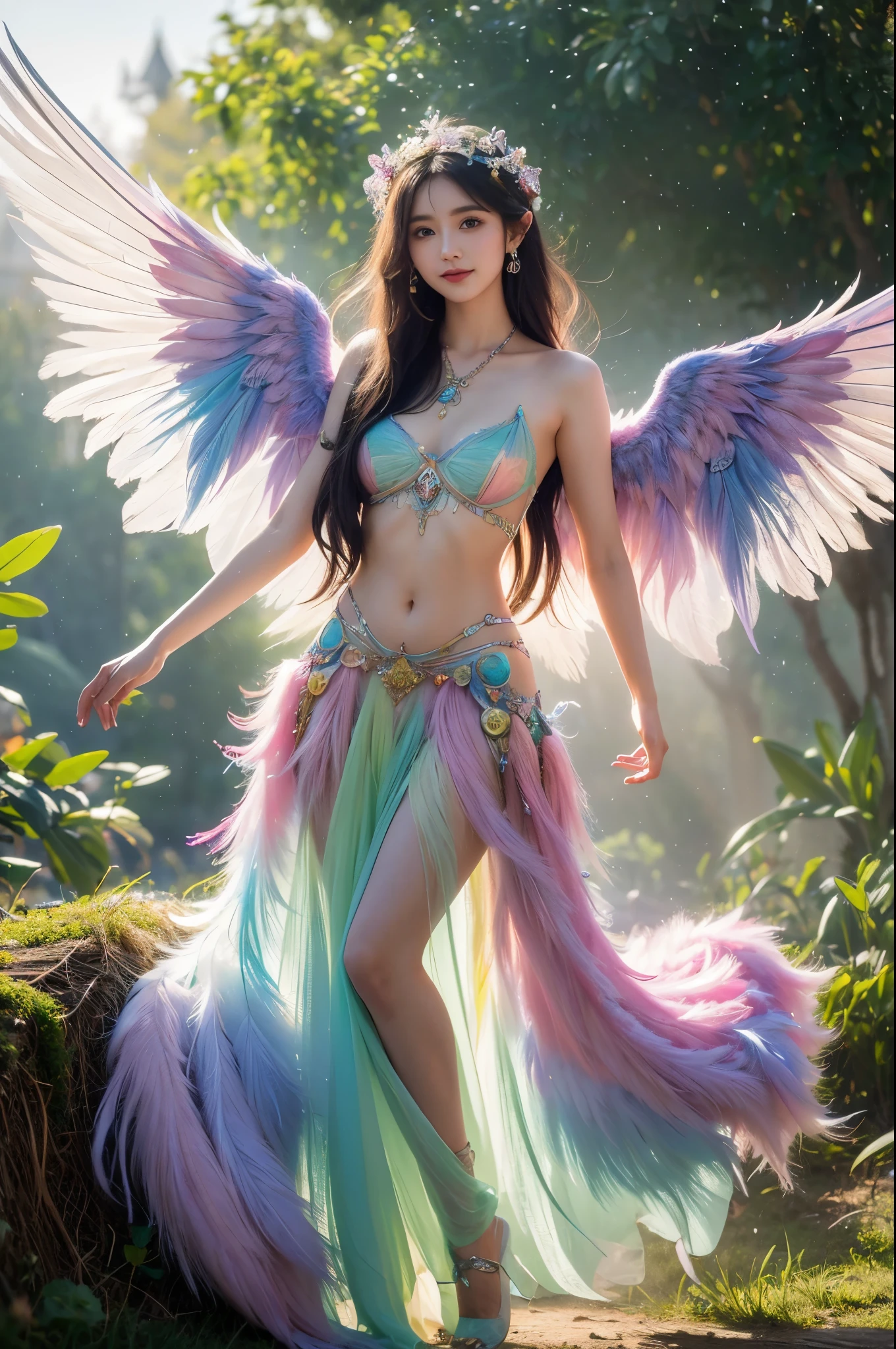 1girl, 23 years old, standing regal with open hands, symmetrical and fractal, multi-color pastel long hair, colorful (1.2), lies in a bird's nest and hatches (1.2), perfect face, sexy linagerie, oil smooth skin,  kinky and sexy smile, looking at the viewer, fairy wings, Big fairy wings, multi color pastel feather wings, fairy vibe , background of mystic realm and magic, the particles of magic light with multi color , wind forming particles in seamless fractal pattern, warm light, epic scene , HDR+, extreme detailed ,Nikon D850, masterpiece, devianart, photo-real painting