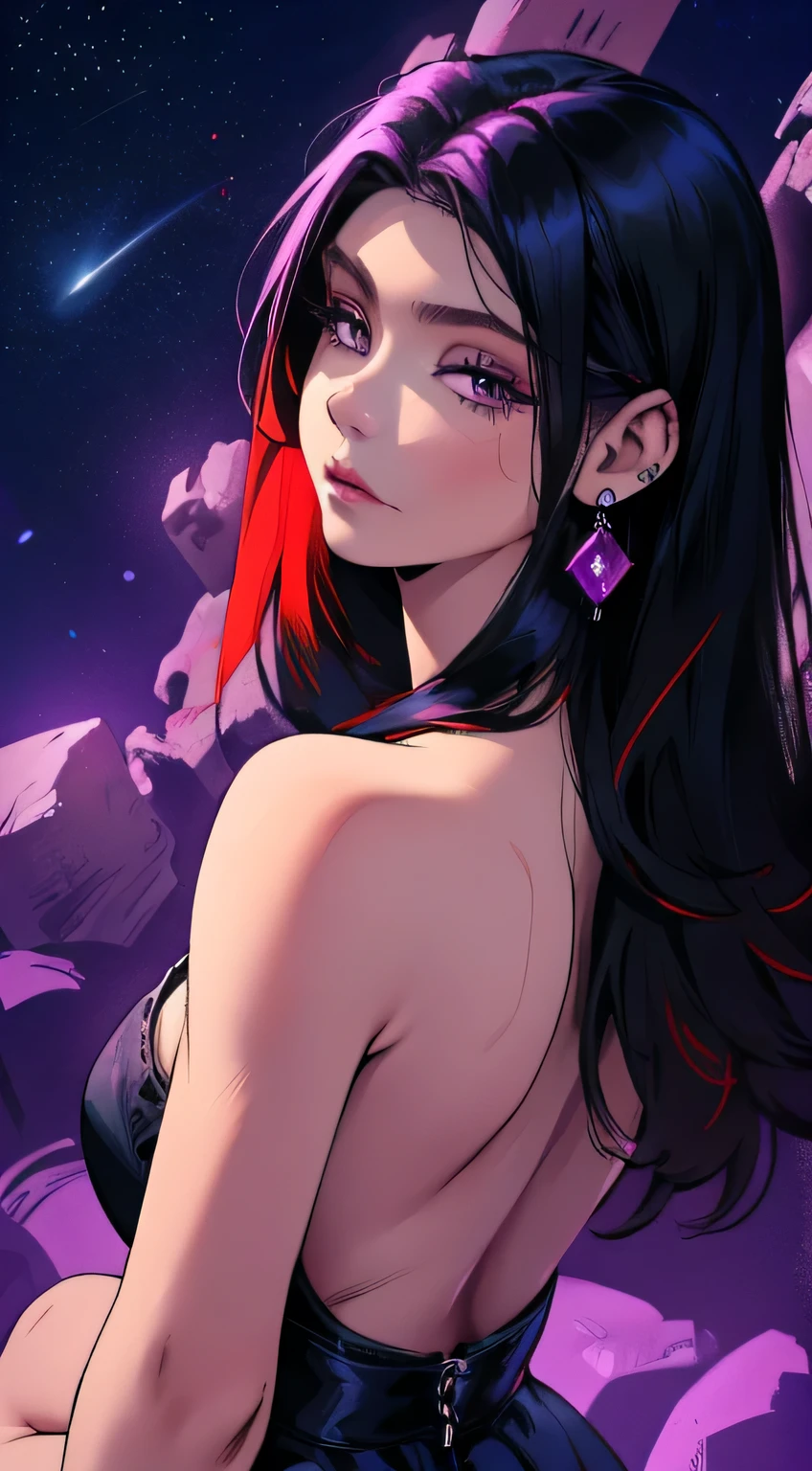 Hermosa mujer, arte digital, grandes pechos, tetas grandes, senos redondos, cabello largo, cabello color violeta oscuro, ojos grandes de color violeta, cintura estrecha, small, upturned nose, alta calidad, altamente detallada, cuerpo voluptuoso