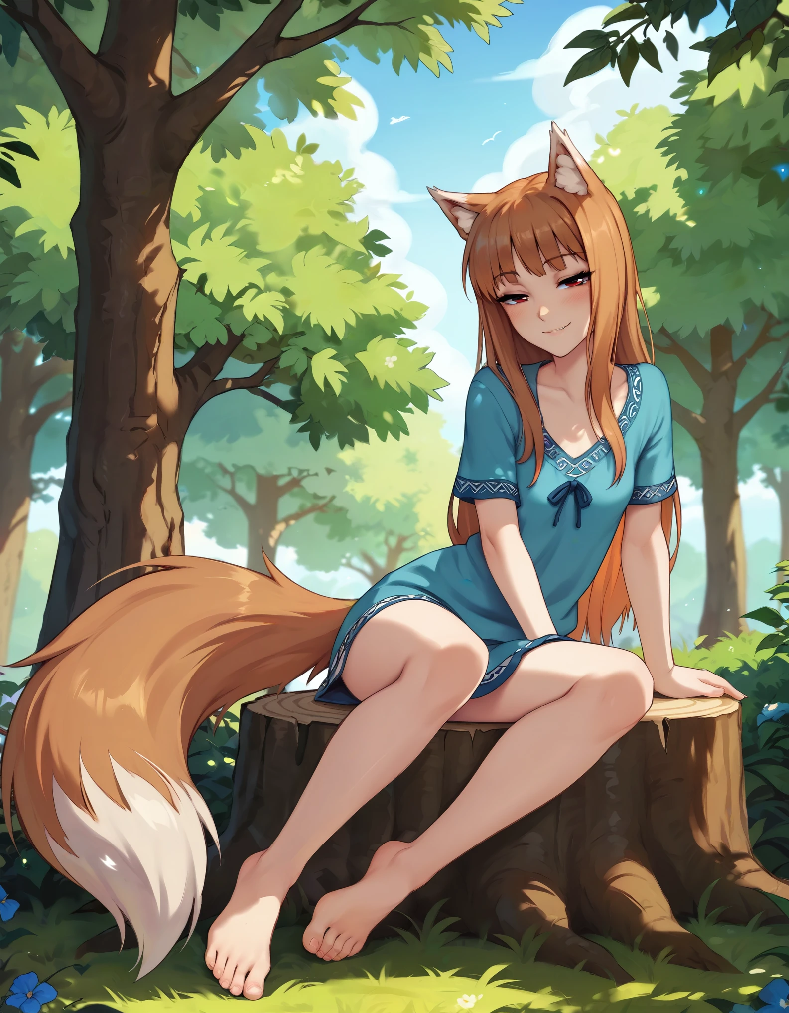 1girl, holo, animal ears, brown hair, long hair, red eyes, wolf ears, wolf girl, small breasts, wolf tail, spice and wolf, BREAK
sitting, looking at viewer, (half-closed eyes), seductive smile, BREAK
day, bare tree, outdoors, tree, tree stump, BREAK
score_9, score_8_up, score_7_up, score_6_up, 