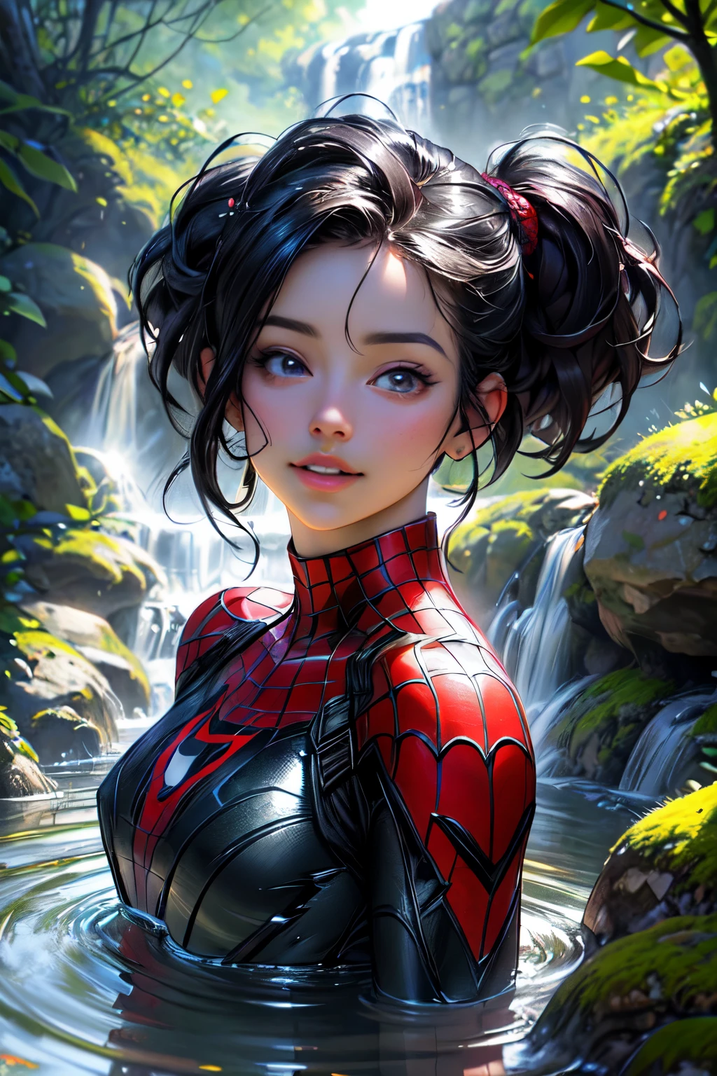 Melhor qualidade, obra de arte, super high resolution, Spider-Man dipped in a hot spring in Japan, fonte termal ao ar livre, fonte termal de pedra, surrounded by moss and trees, rosto super lindo, corpo puro, visible clear pores, (Sorriso:0.8), using division (faixa de renda:1.2), (realismo:1.5), foto original, corpo encharcado, coberto de suor, Ombros nus, no escuro, sombras profundas, sutil, luz fria