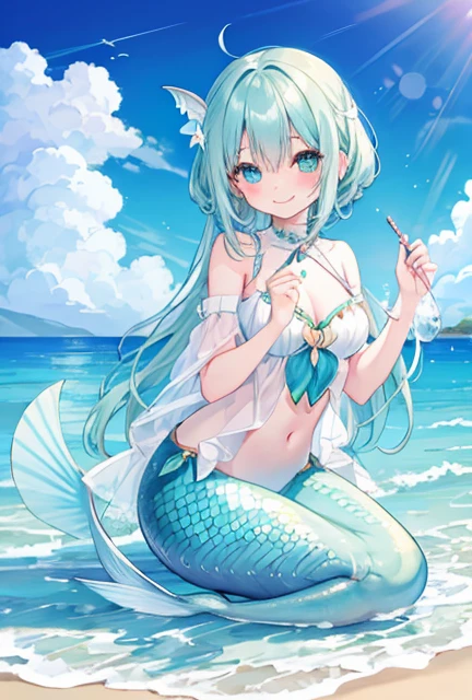 beautiful illustrations, highest quality, pretty girl, seaside、 pastel colour ,blue hair, green eyes、between legs、smile、blush、hands behind、mermaid、Fish fin